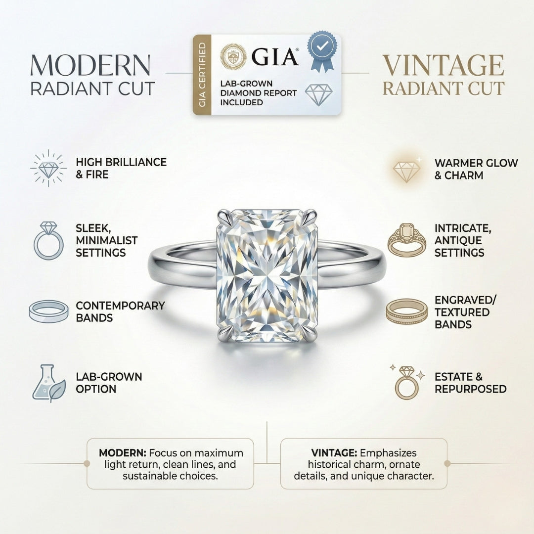 Modern vs Vintage Radiant Cut Engagement Rings