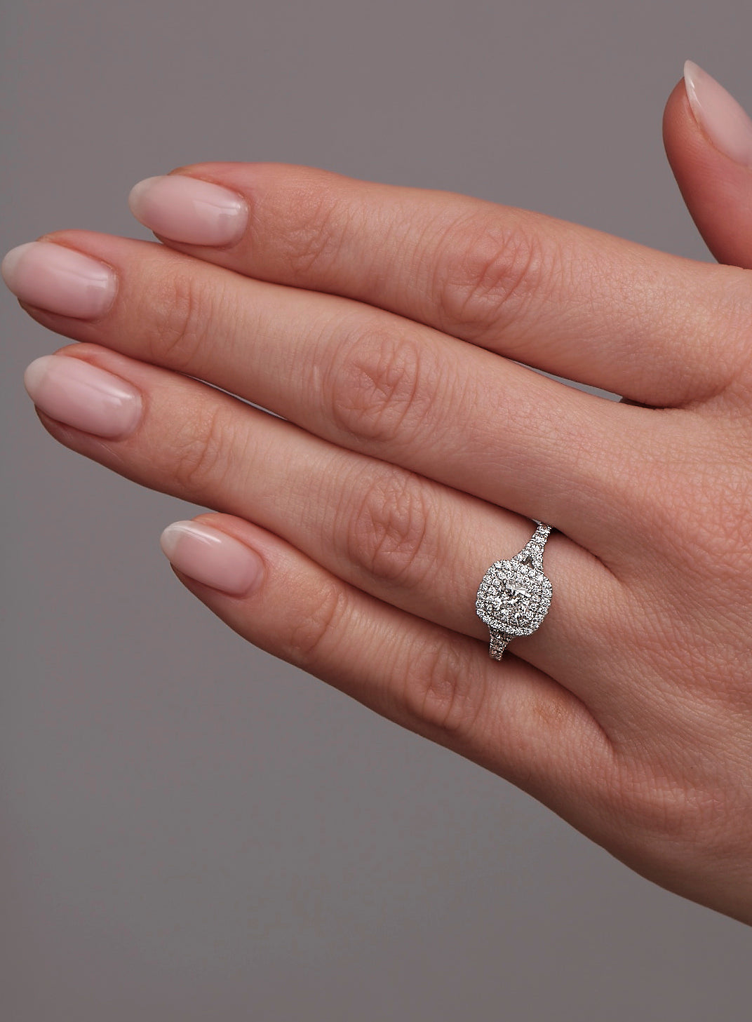 0.50ct Cushion Split Shoulder Halo Lab Grown Diamond Engagement Rings.