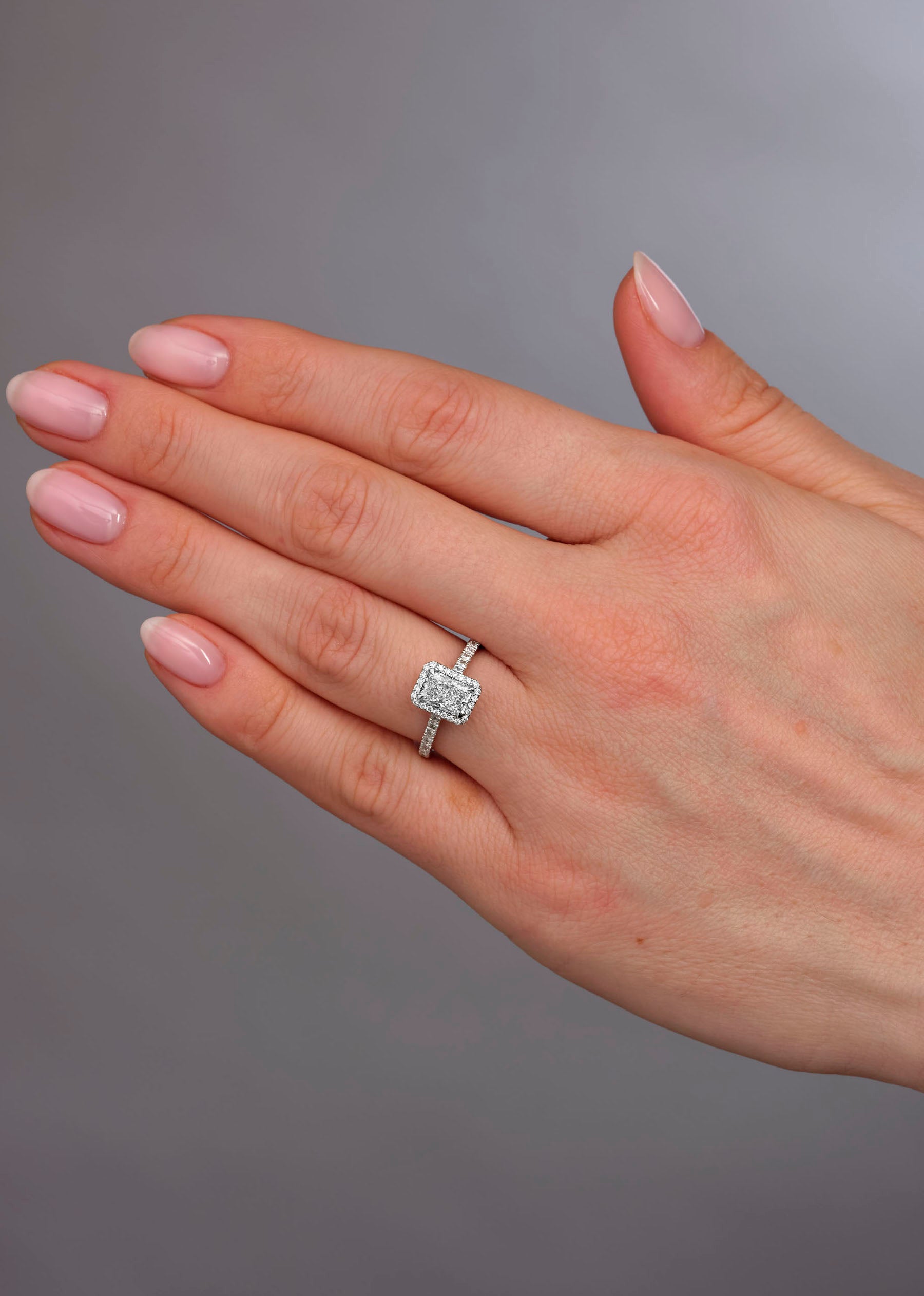 1.20ct Radiant Seamless Halo lab grown Diamond Engagement Rings.