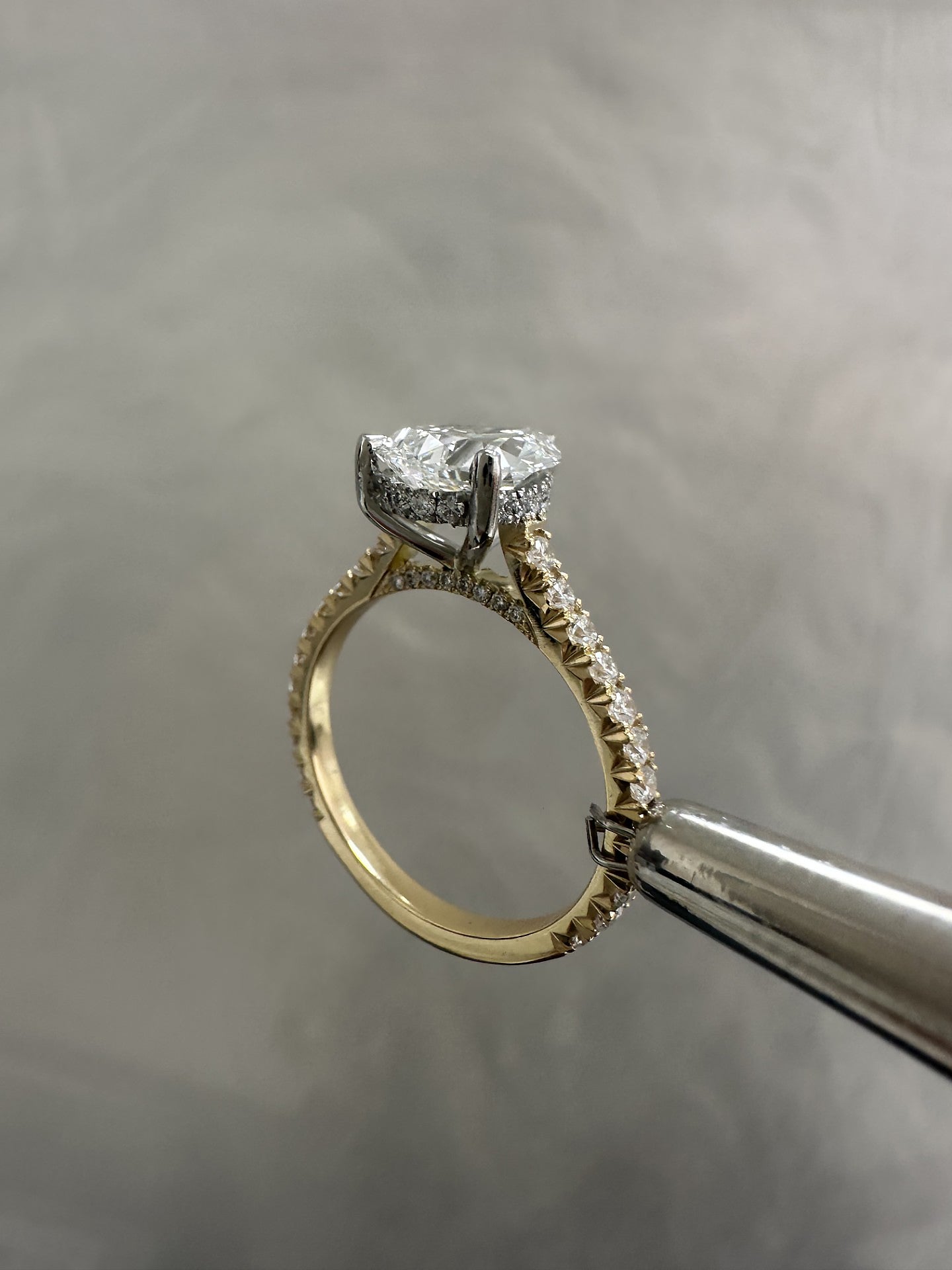2ct Pear Cathedral French Pave Lab Grown Diamond Engagement Rings.