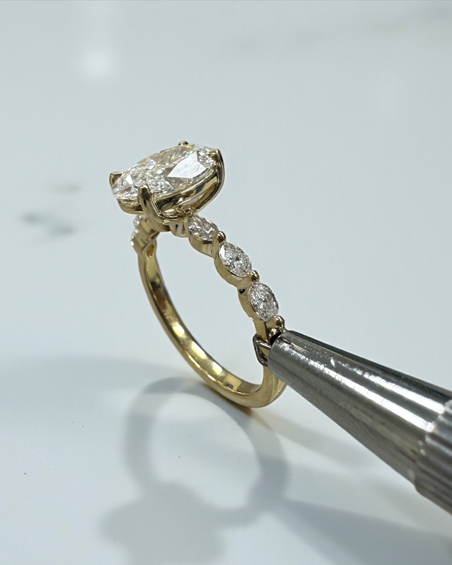 2ct Oval Cut Lab Grown Diamond Engagement Ring with Marquise Cut Diamond Band & floating Head, 18kt yellow gold