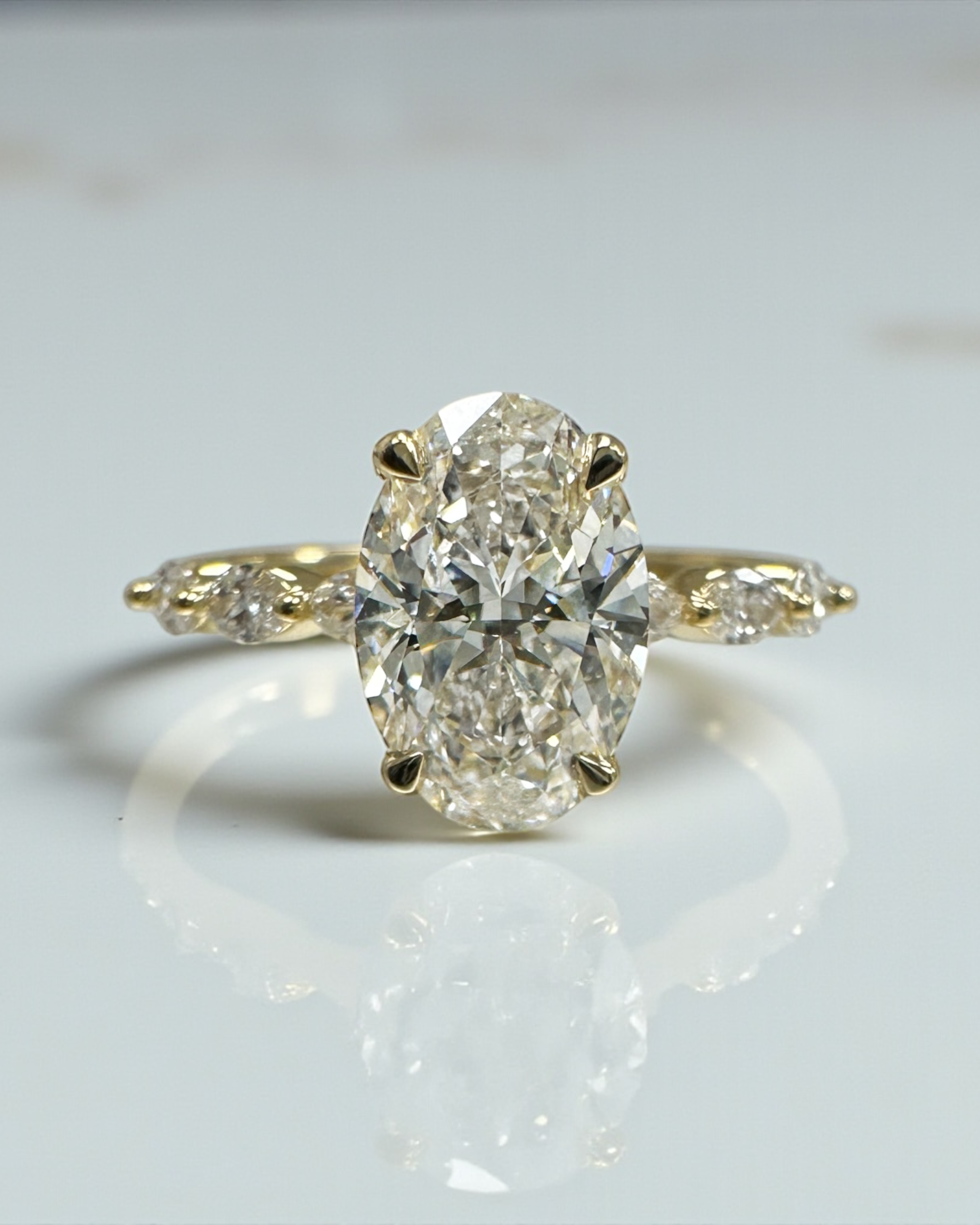 2ct Oval Cut Lab Grown Diamond Engagement Ring with Marquise Cut Diamond Band & floating Head, 18kt yellow gold