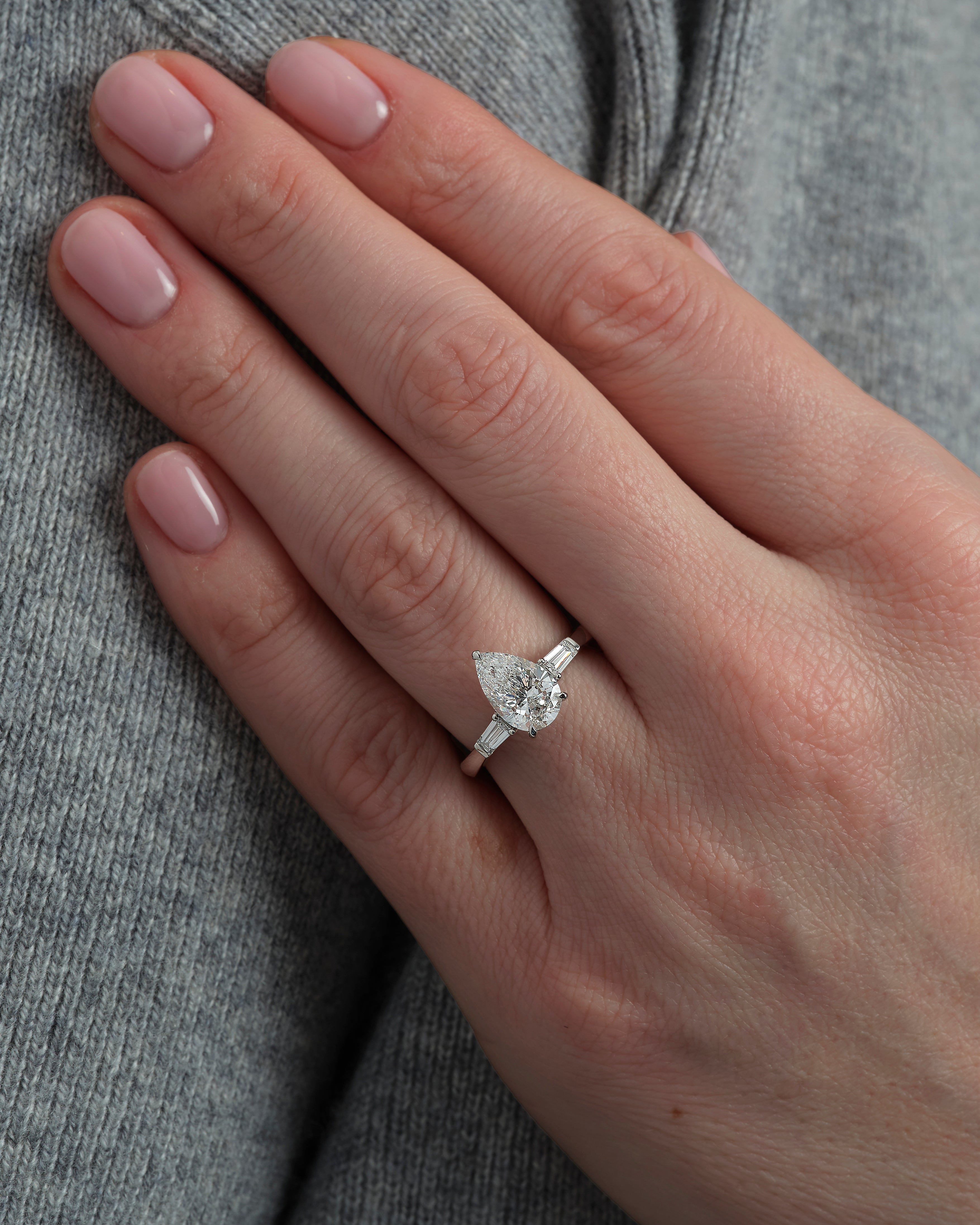 2ct Pear with Tapered Baguettes Lab Grown Diamond Engagement Rings.