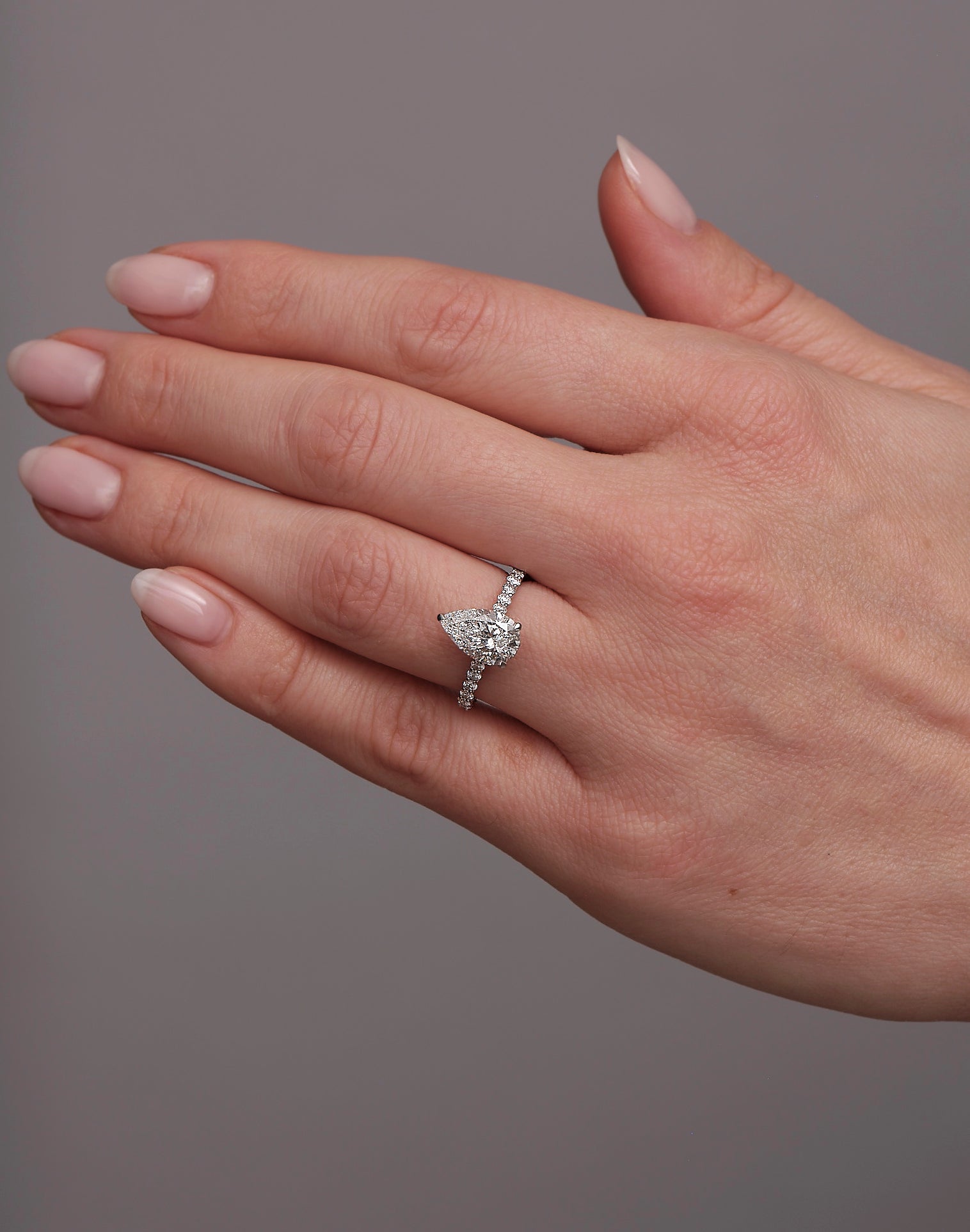 2ct Pear Hidden Halo Cathedral U prong Lab Grown Diamond Engagement Rings.