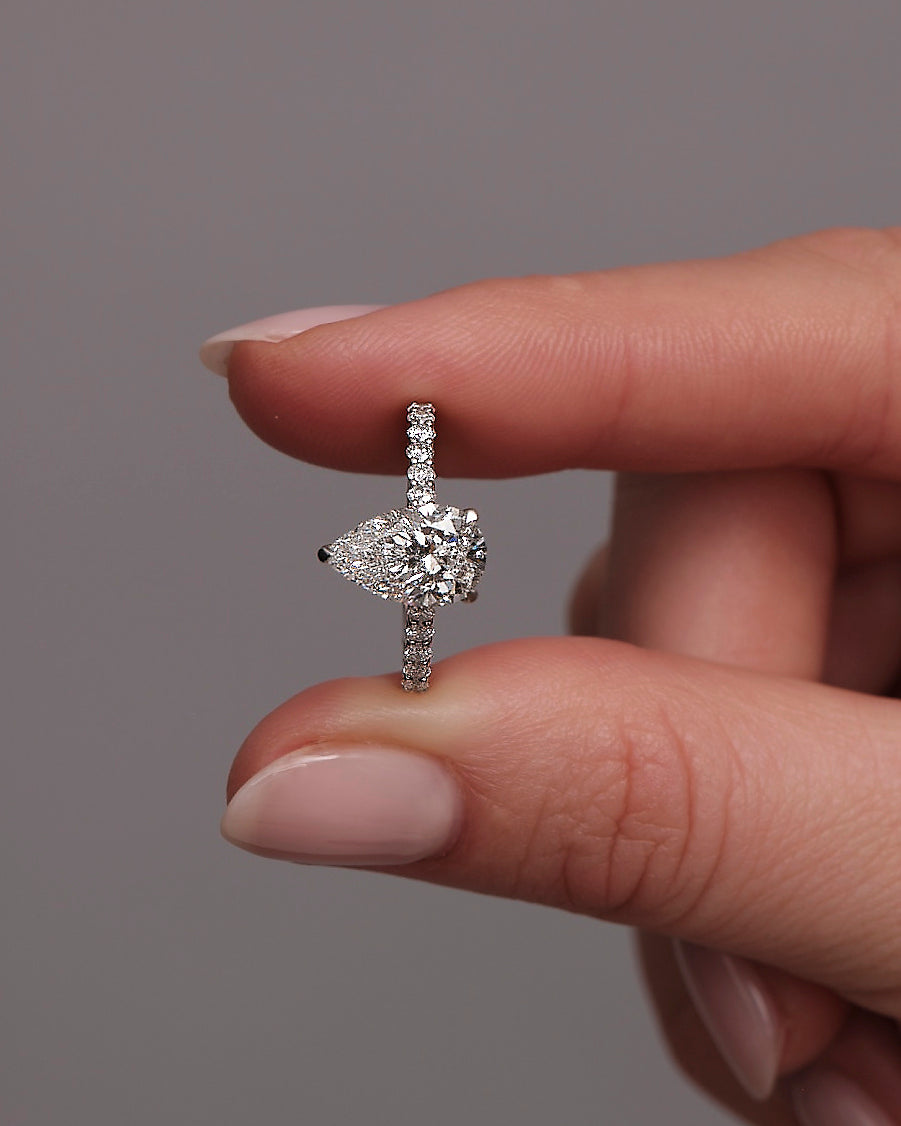 2ct Pear Hidden Halo Cathedral U prong Lab Grown Diamond Engagement Rings.