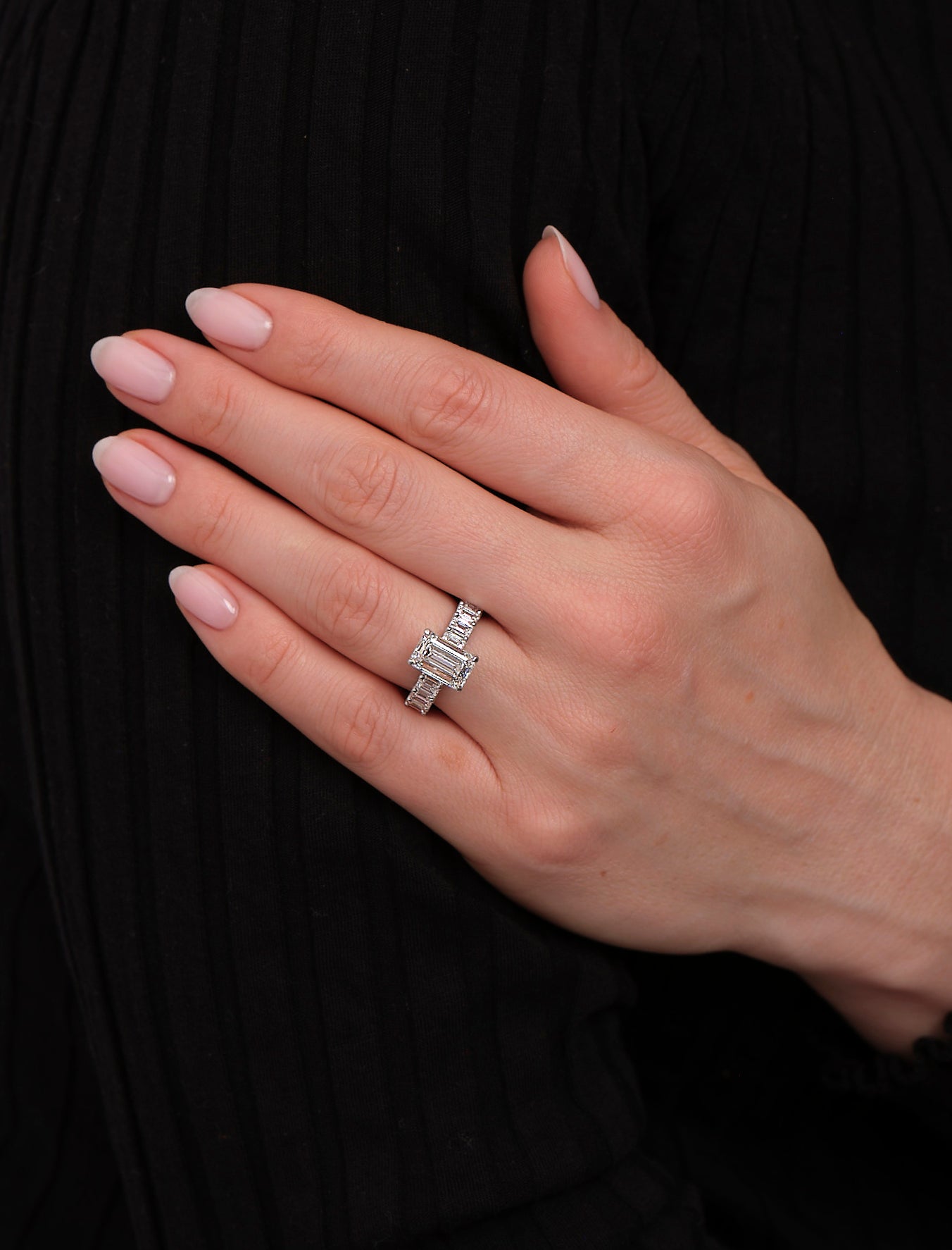 3.40ct Emerald Cut Fancy Band lab grown diamond engagement rings.