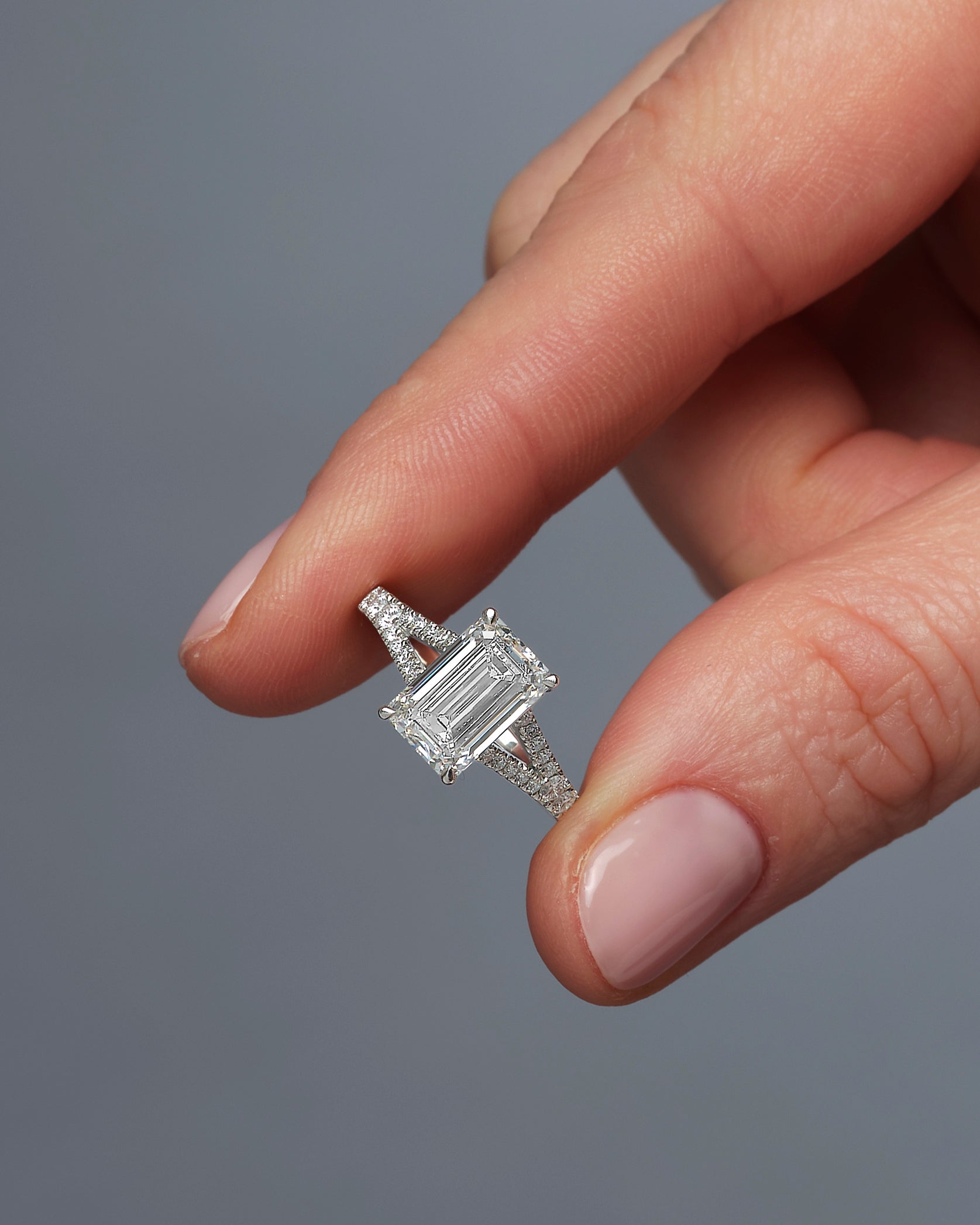 3ct Emerald Cut Split Shank lab grown diamond engagement rings