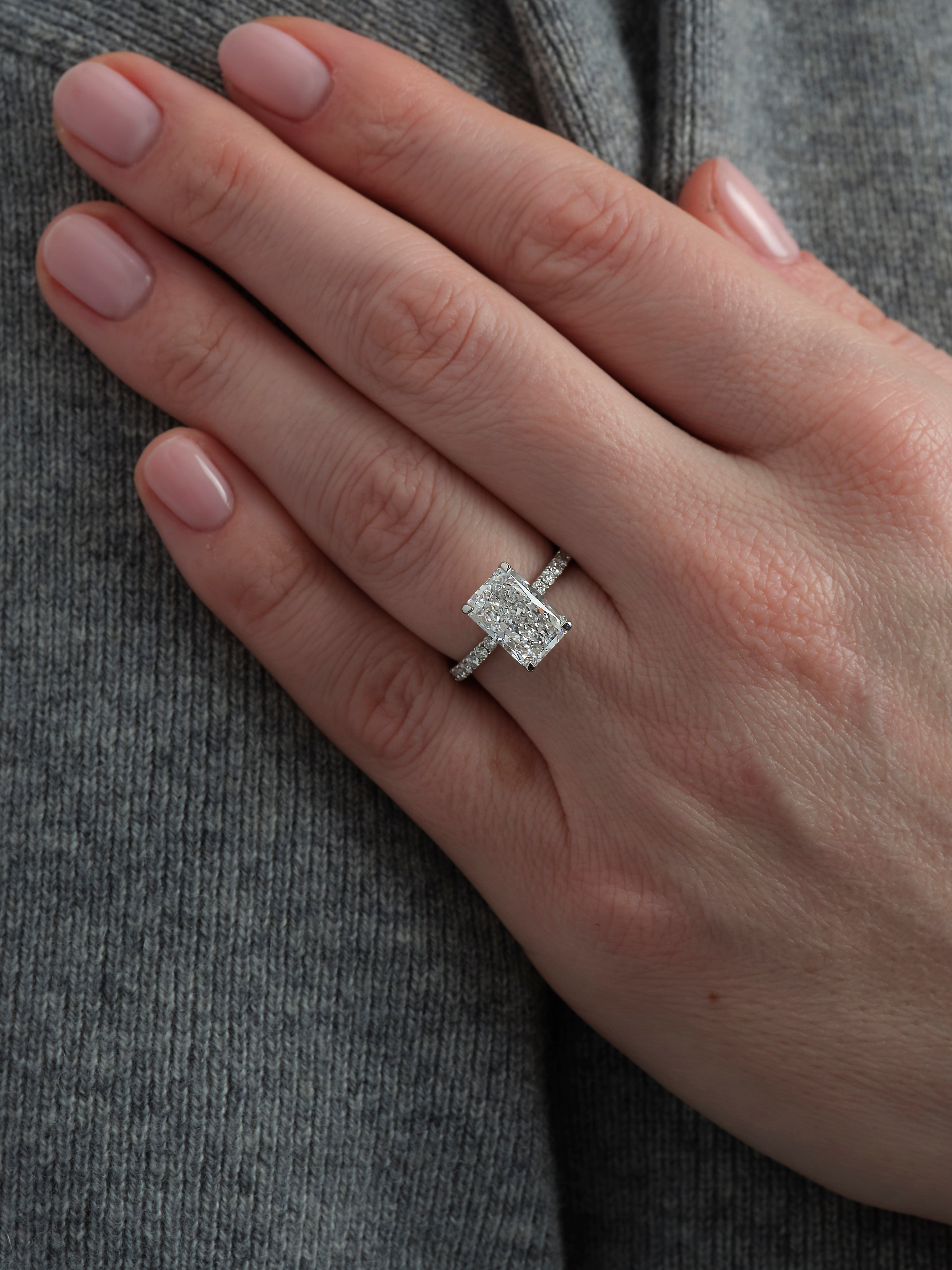 3ct Radiant Hidden Halo lab grown Diamond Engagement Rings in London.