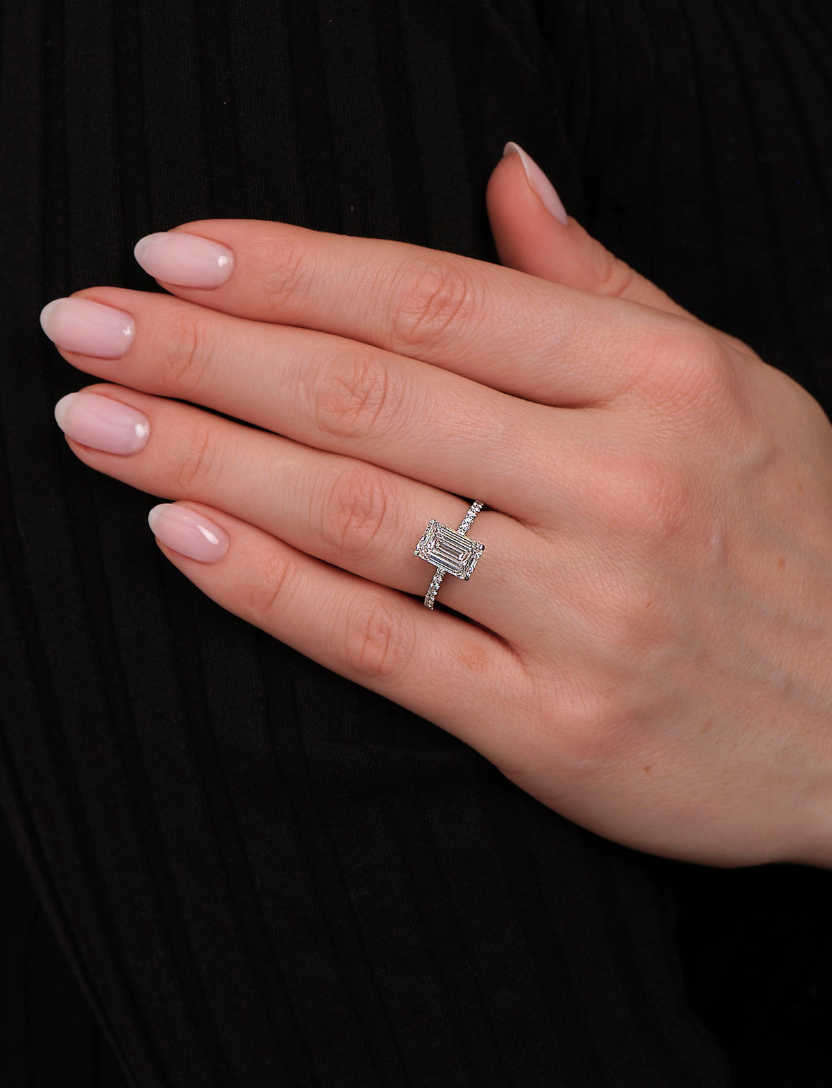 3ct Emerald Hidden Halo Shoulders lab grown diamond engagement rings.