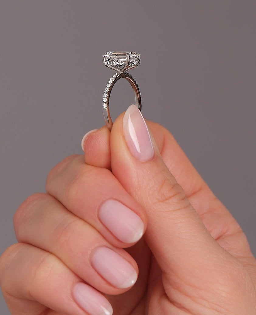 3ct Emerald Hidden Halo Shoulders lab grown diamond engagement rings.