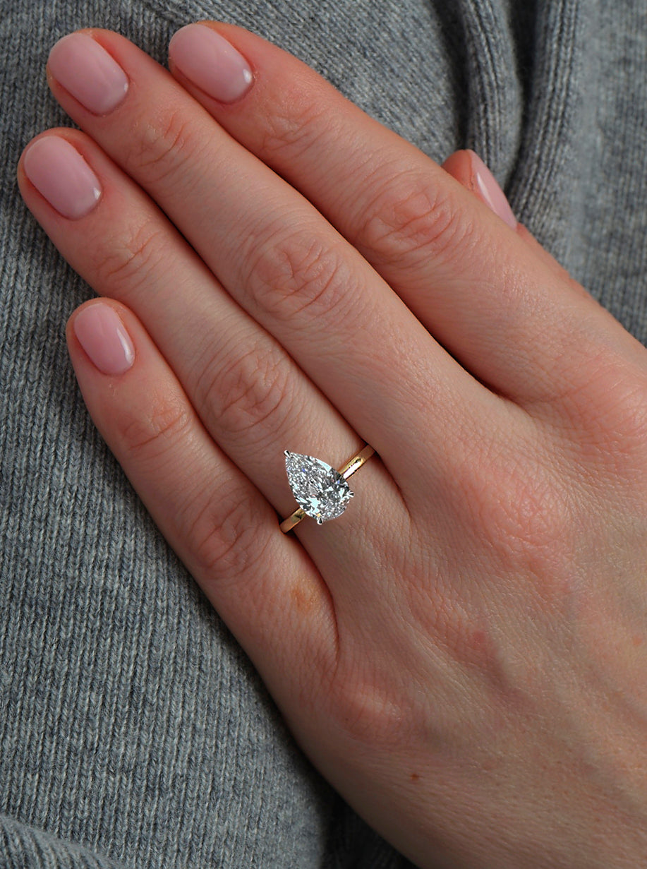 3ct Pear Cathedral Plain Solitaire Lab Grown Diamond Engagement Rings.