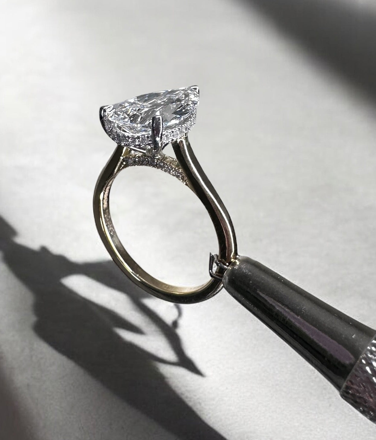 3ct Pear Cathedral Plain Solitaire Lab Grown Diamond Engagement Rings.