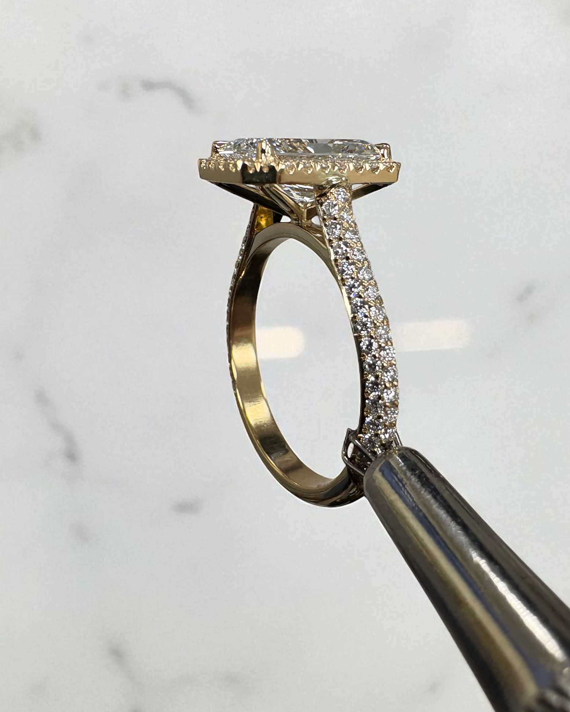 3ct radiant cut seamless halo 3d diamond band engagement ring yellow gold lab grown diamond