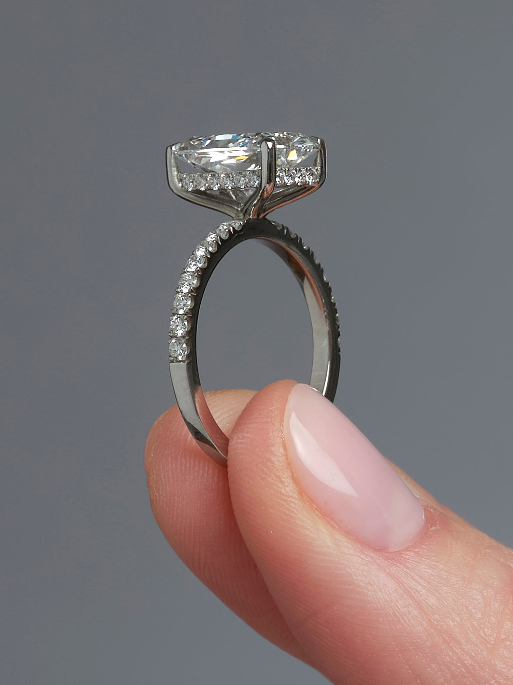 3ct Radiant Hidden Halo lab grown Diamond Engagement Rings in London.