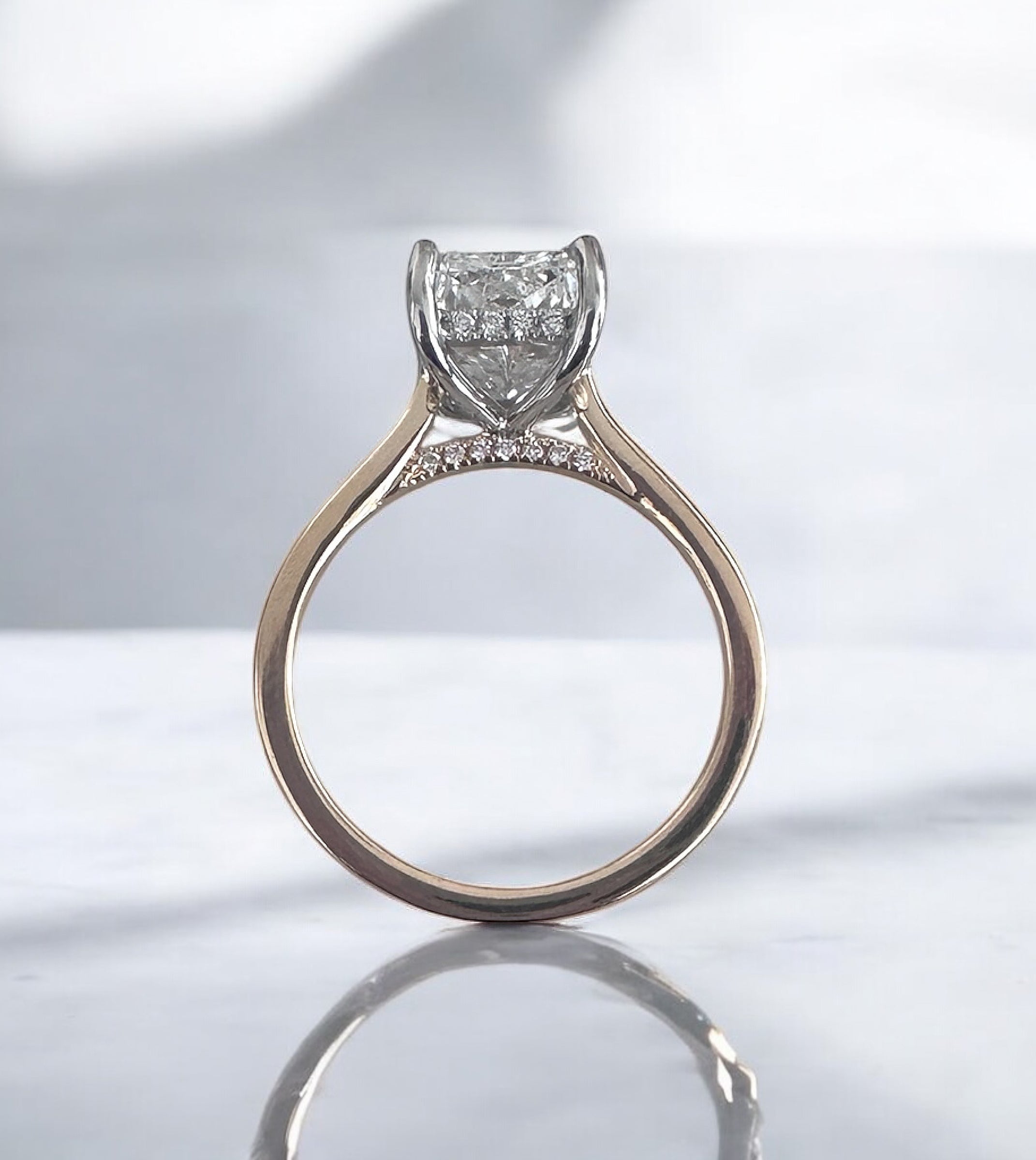 3ct Radiant Cathedral Setting lab grown Diamond Engagement Rings.