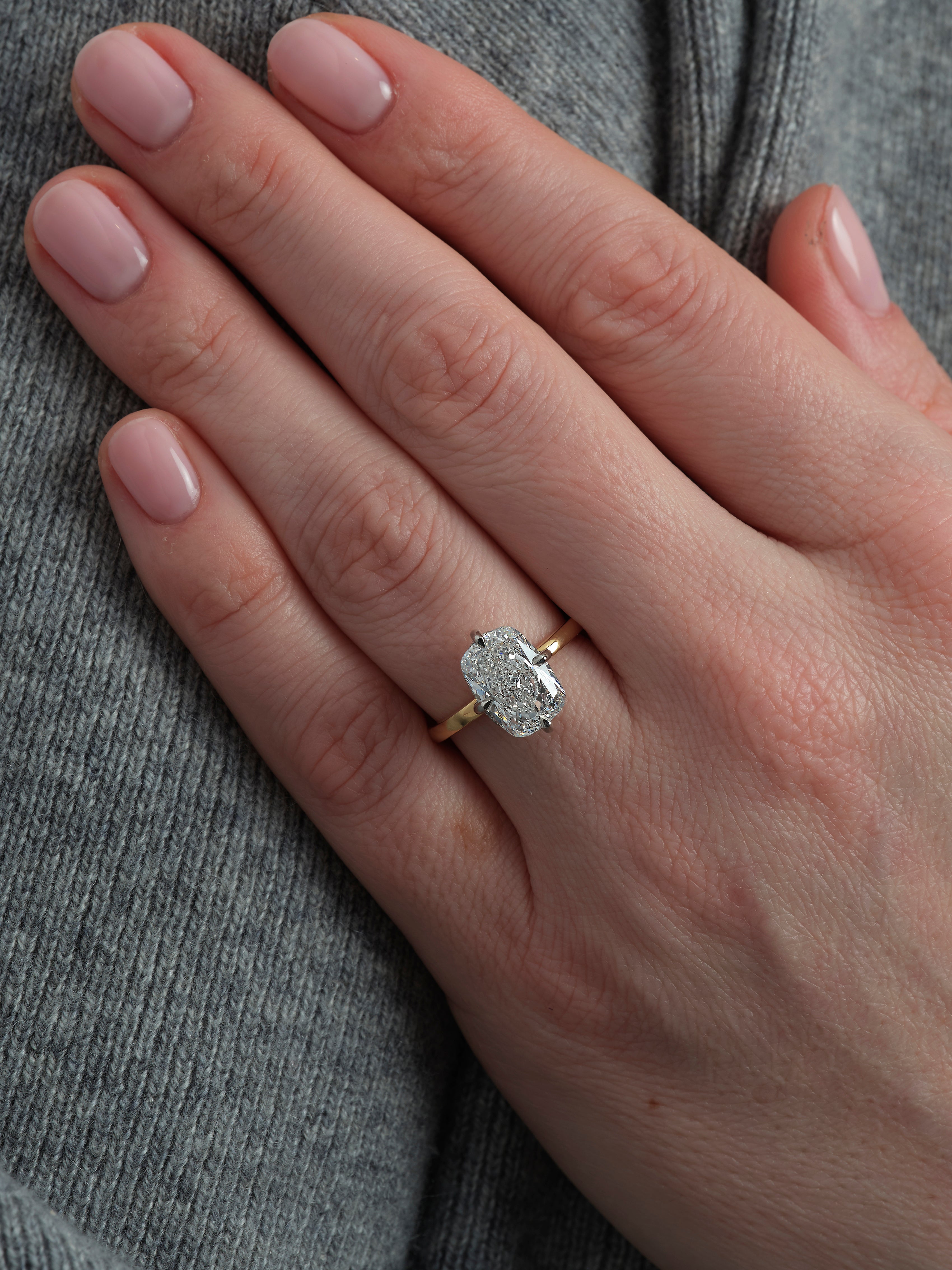 4ct Elongated Cushion solitaire Lab Grown Diamond Engagement Rings.