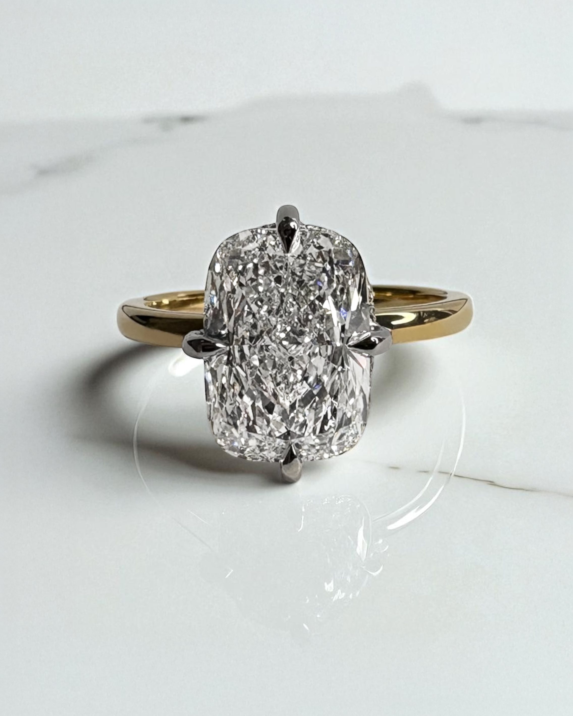 4ct elongated cushion cut lab grown diamond solitaire 18kt yellow gold engagement ring two tone