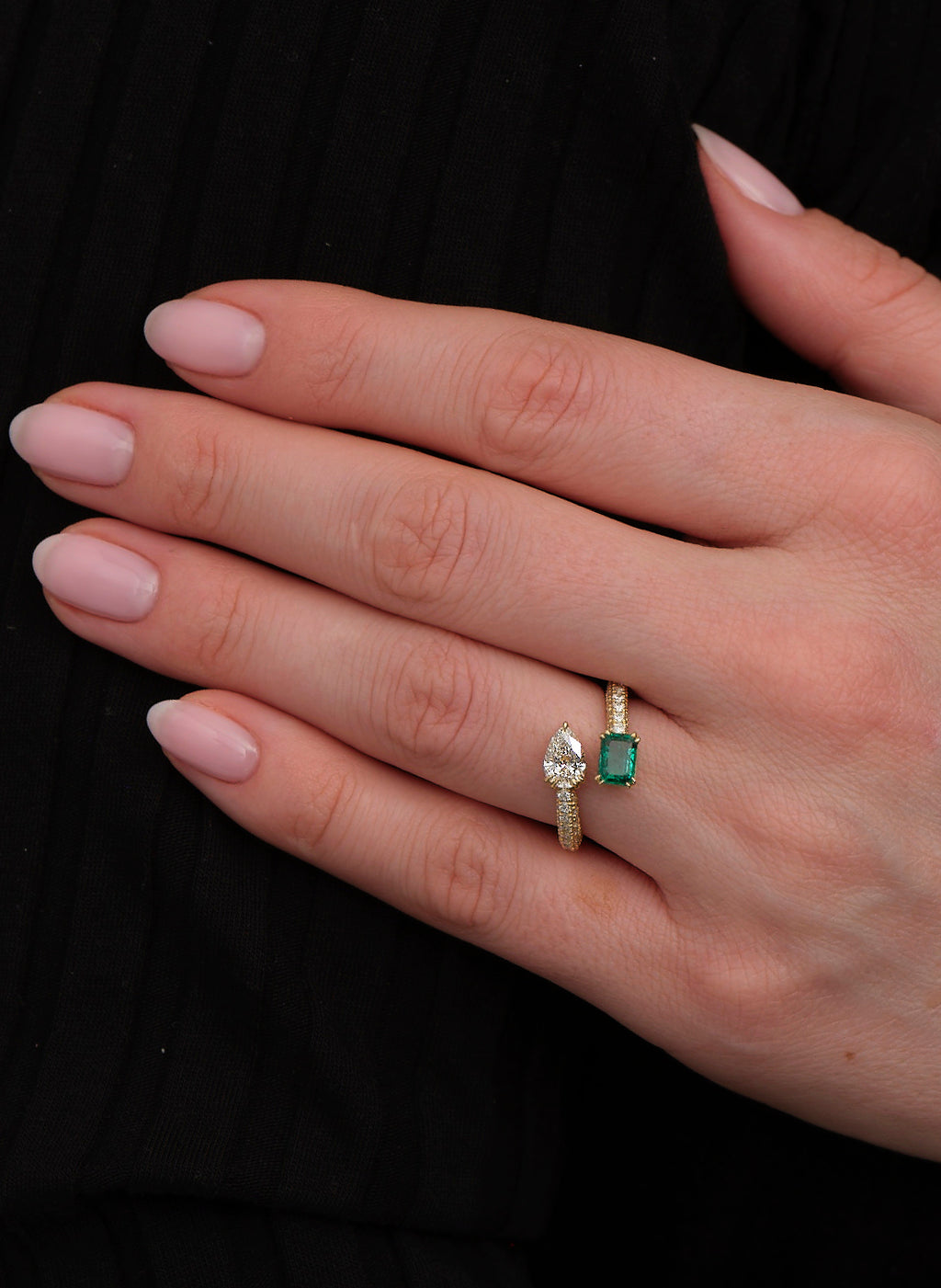 Emerald & Pear Diamond Toi Et Moi Lab Grown Diamond Engagement Rings.