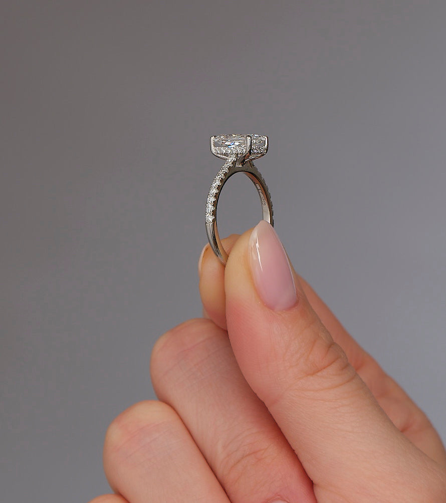 2ct Radiant Cathedral Hidden Halo lab grown Diamond Engagement Rings.