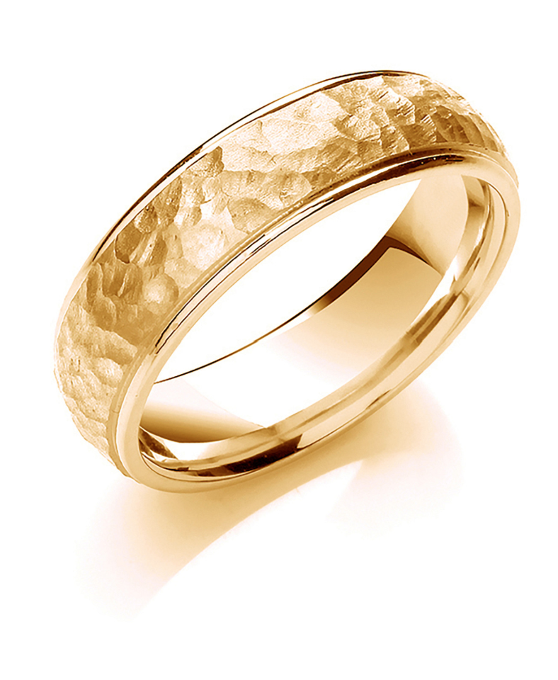 Side profile of the 6mm hammered court band, showcasing the unique textured surface and curved edges in our male engagement band range.