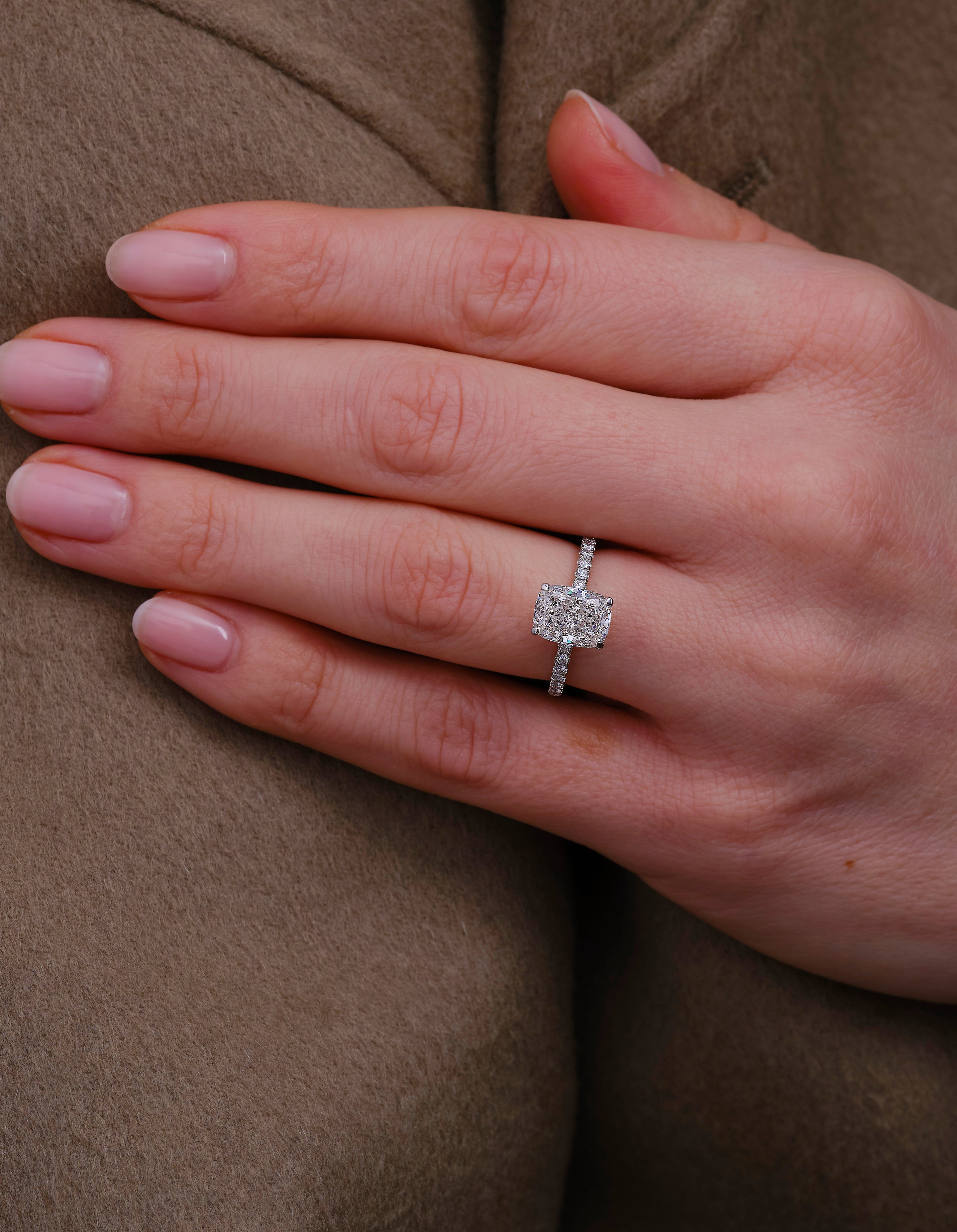 2.70ct Elongated Cushion Hidden Halo Lab Grown Diamond Engagement Rings.