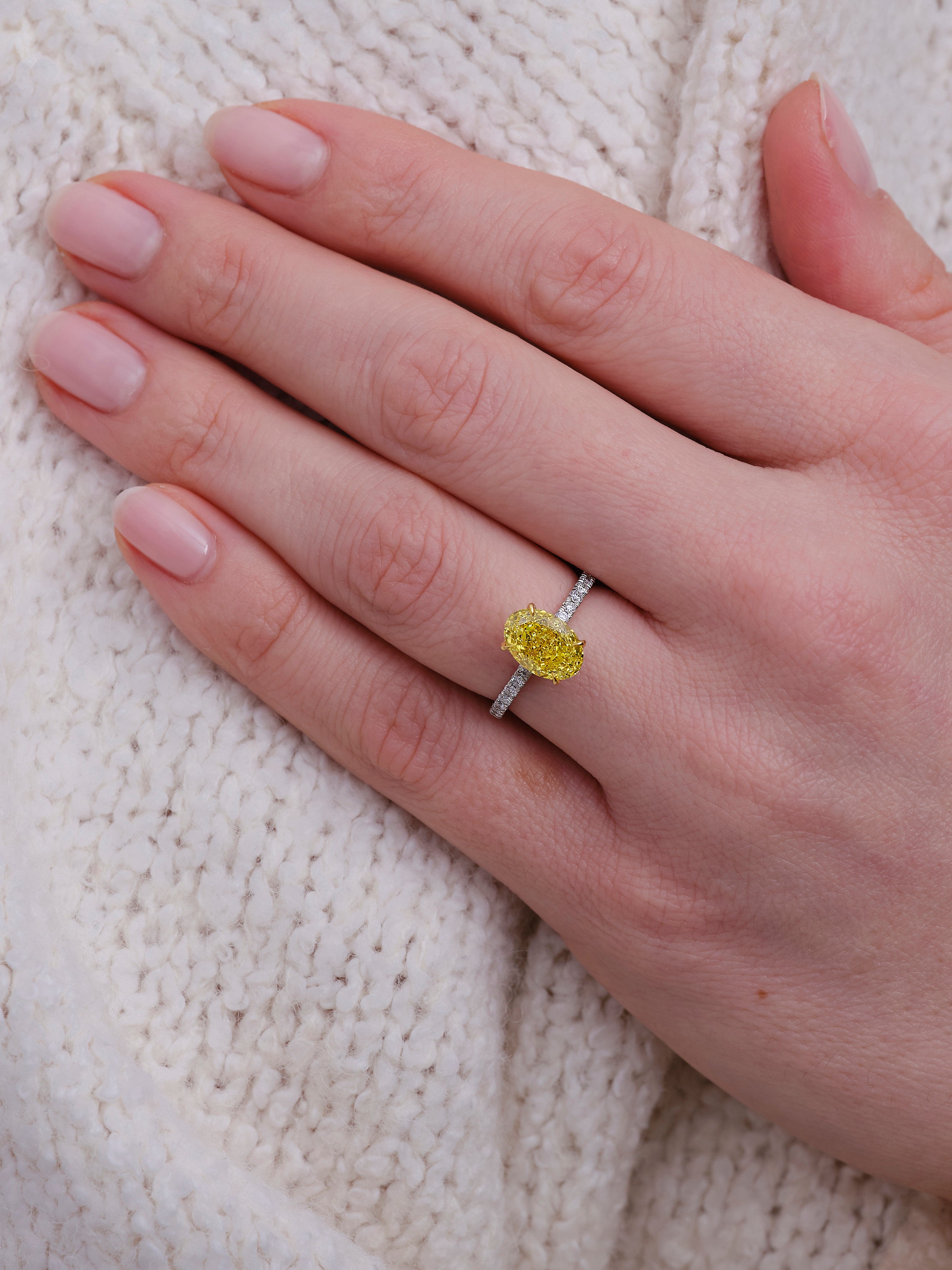 2.50ct Fancy Vivid Yellow Oval Cut Lab Grown Diamond Engagement Rings.