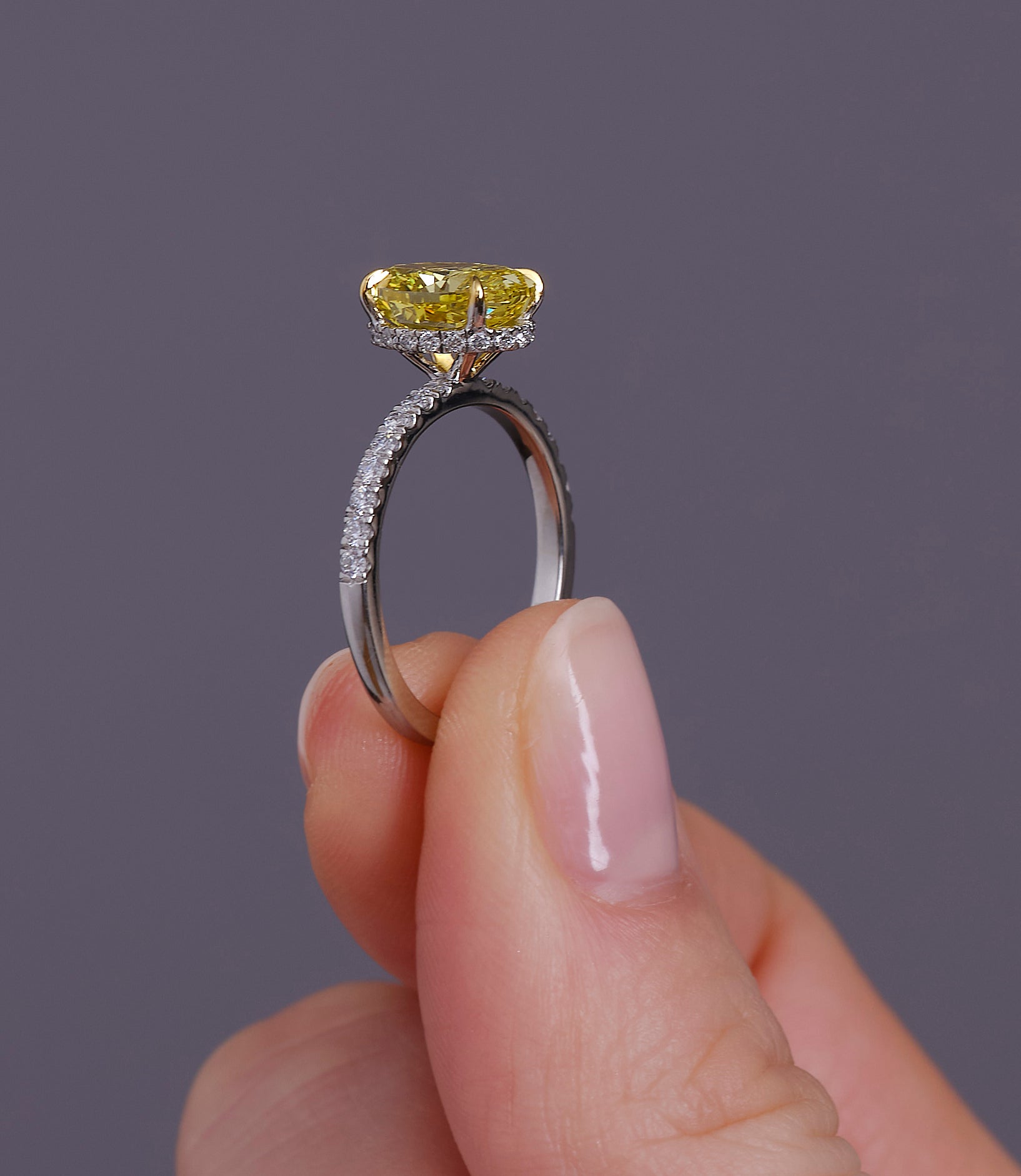 2.50ct Fancy Vivid Yellow Oval Cut Lab Grown Diamond Engagement Rings.