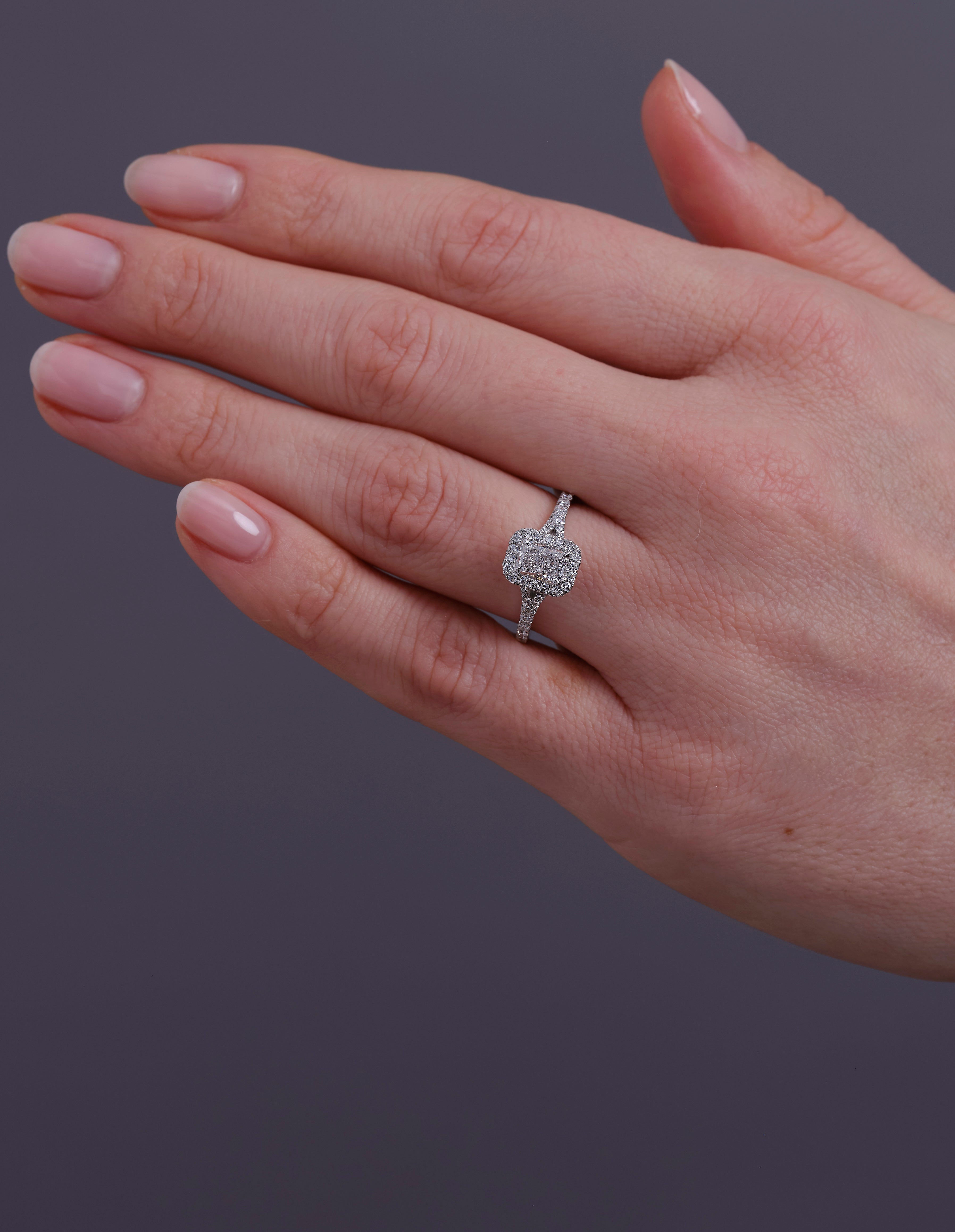 0.70ct Radiant Split Shoulder Halo lab grown Diamond Engagement Rings.