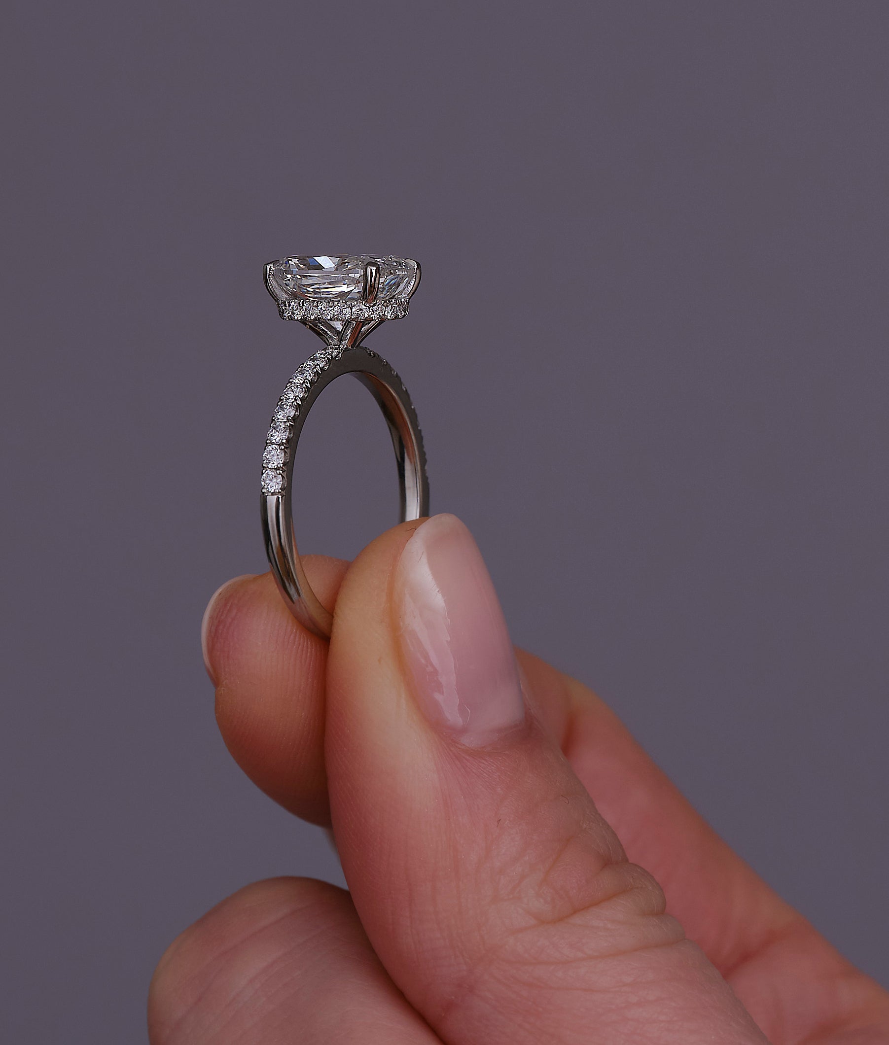 2.70ct Elongated Cushion Hidden Halo Lab Grown Diamond Engagement Rings.