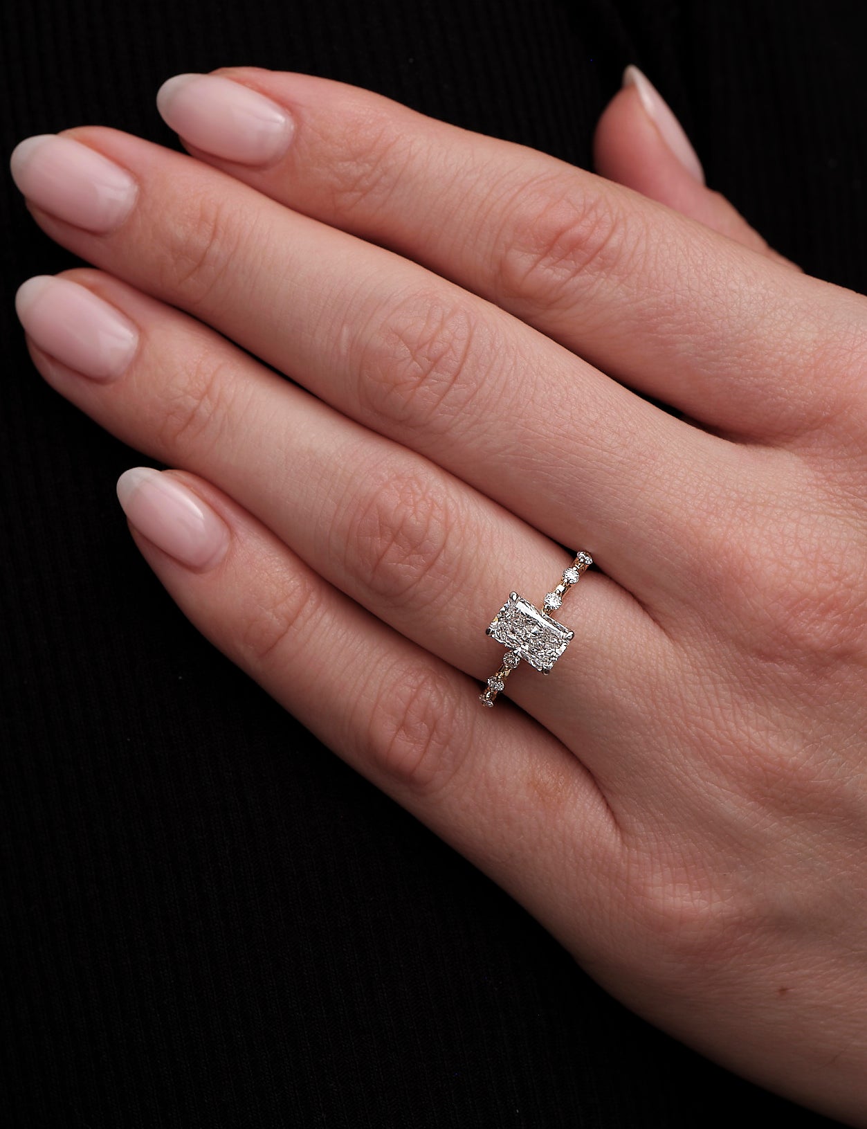 1.50ct Radiant Bubble Setting lab grown Diamond Engagement Rings.