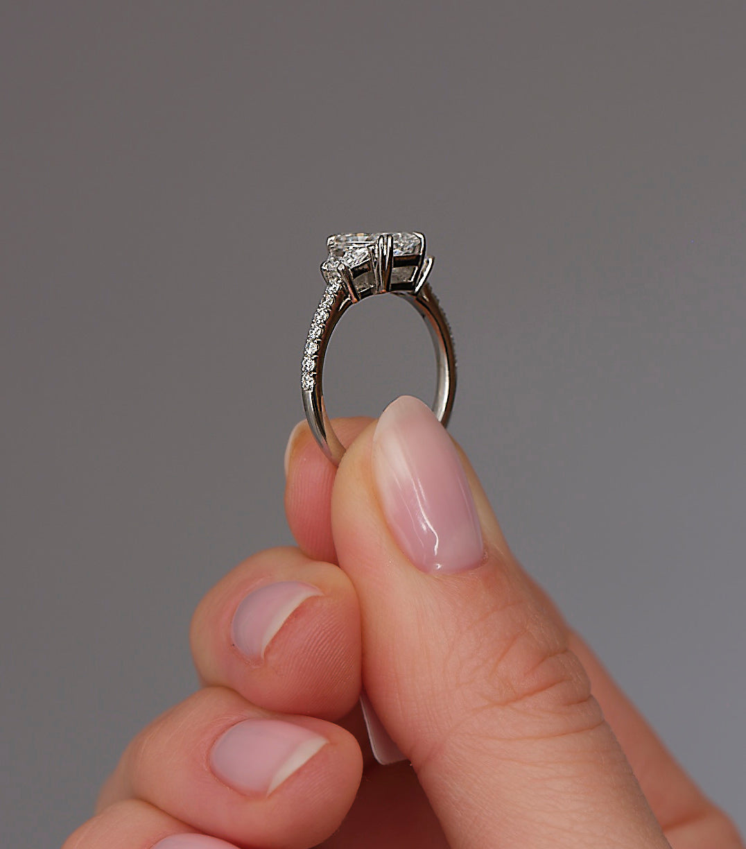 1.50ct Radiant with Trapezoids Trilogy Diamond Engagement Rings.