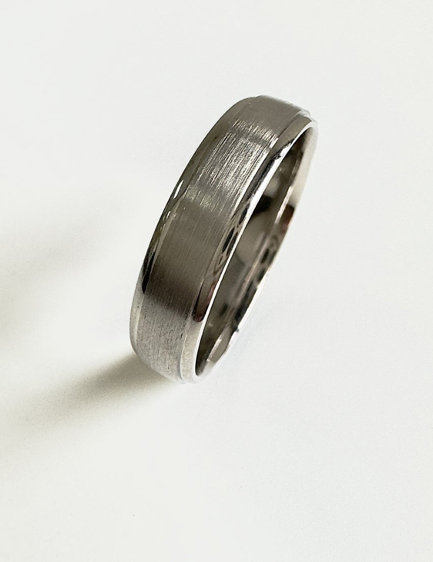 A modern 5mm track edge soft court matt finish ring from our wedding band for him collection.
