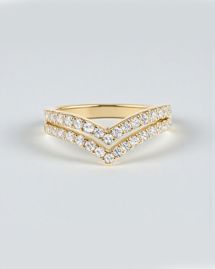 Double row wishbone diamond ring with pavé set diamonds, front view showing V shaped wishbone design. 9kt or 18kt yellow or white gold