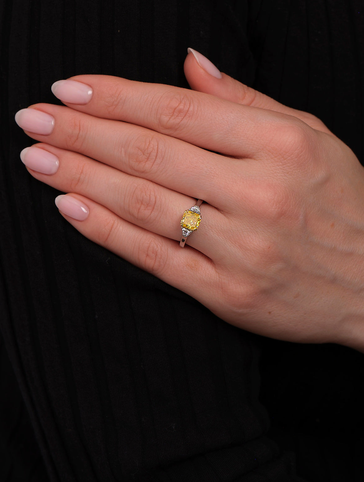 1.70ct Yellow Cushion & Trilogy Lab Grown Diamond Engagement Rings.