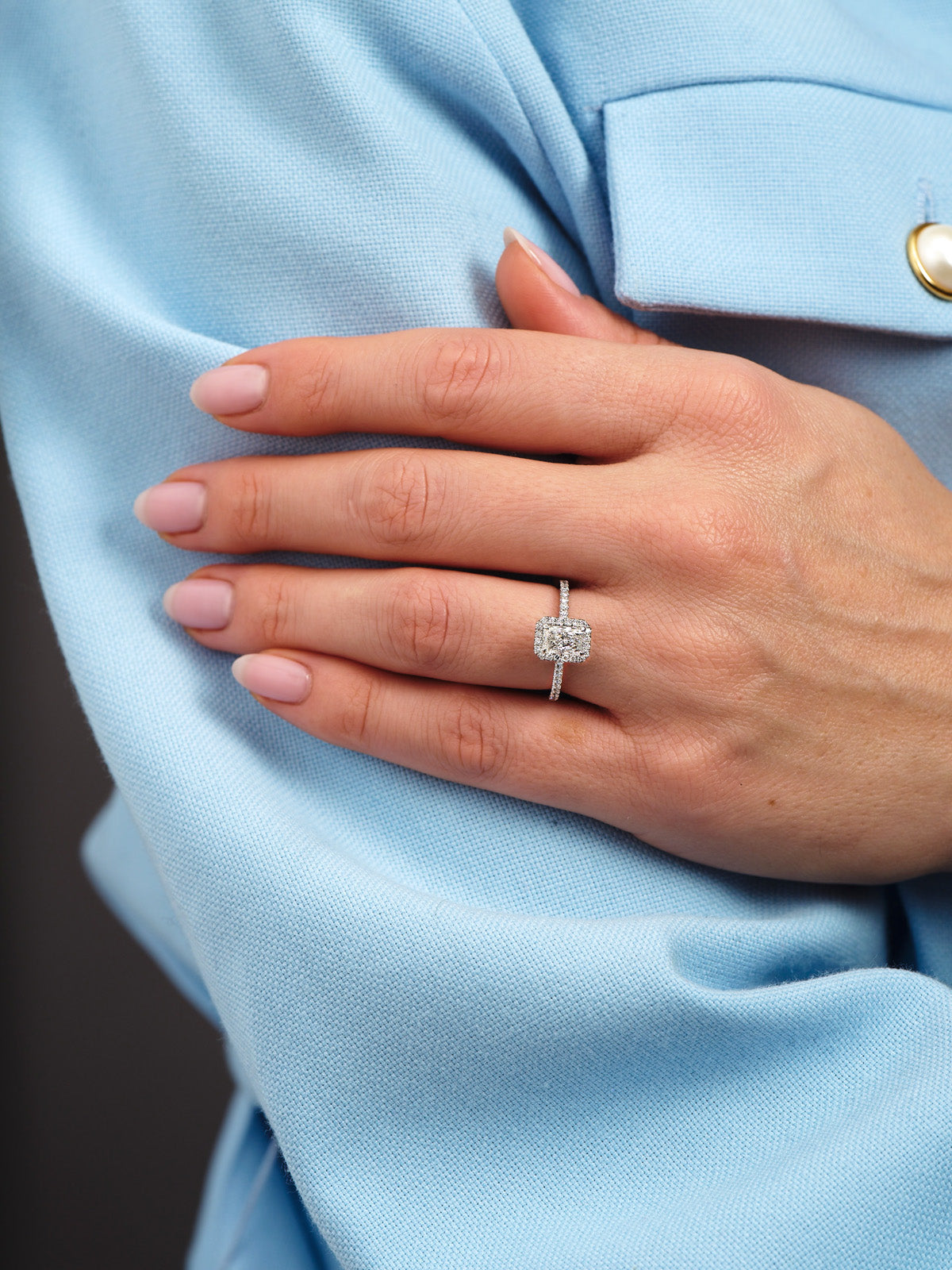 0.70ct Radiant Seamless Halo lab grown Diamond Engagement Rings.