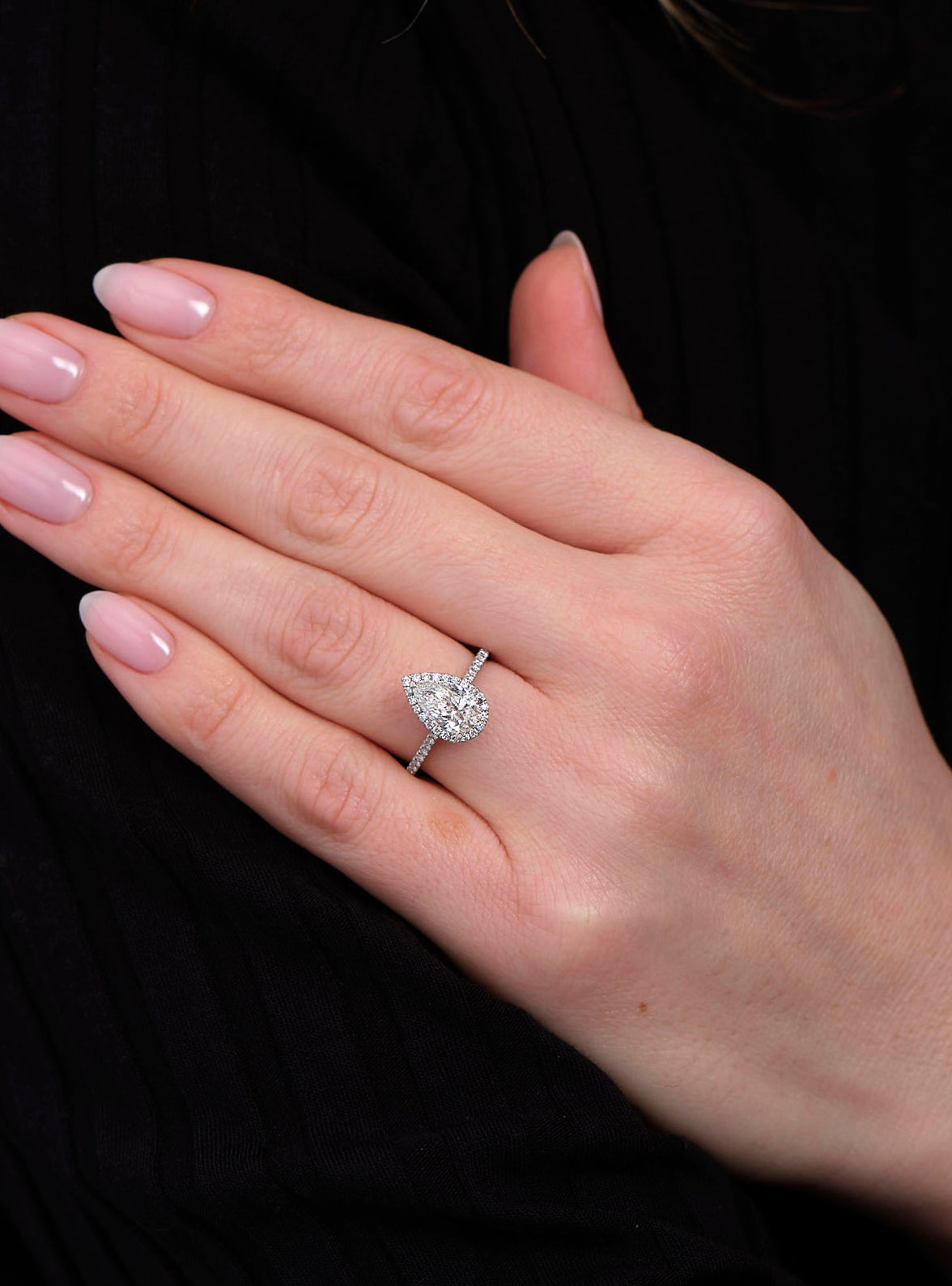 1.30ct Pear Seamless Halo Lab Grown Diamond Engagement Rings.