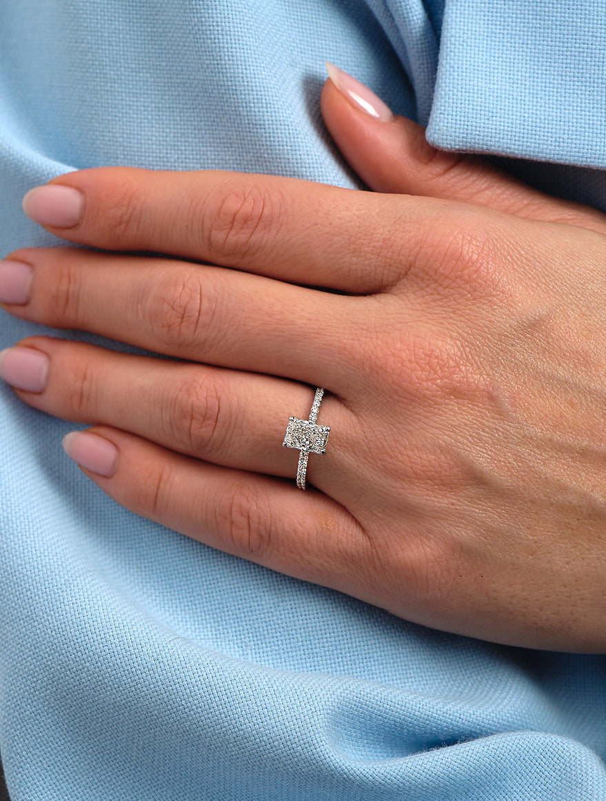 1.50ct Radiant Hidden Halo Lab Grown Diamond Engagement Rings.