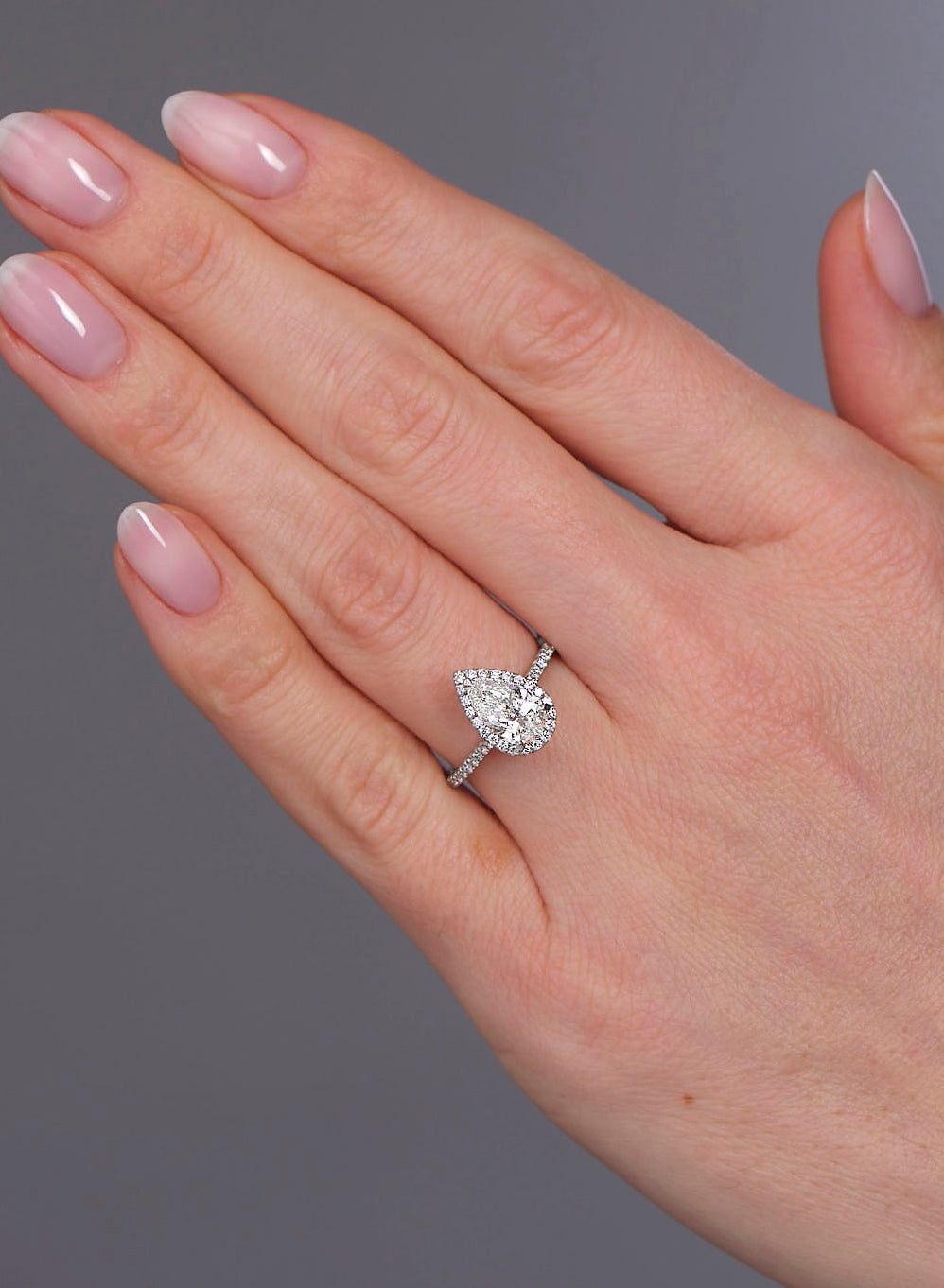 1.30ct Pear Seamless Halo Lab Grown Diamond Engagement Rings.