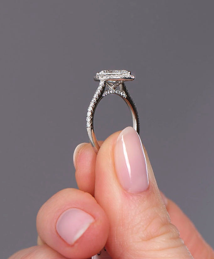 1.30ct Pear Seamless Halo Lab Grown Diamond Engagement Rings.