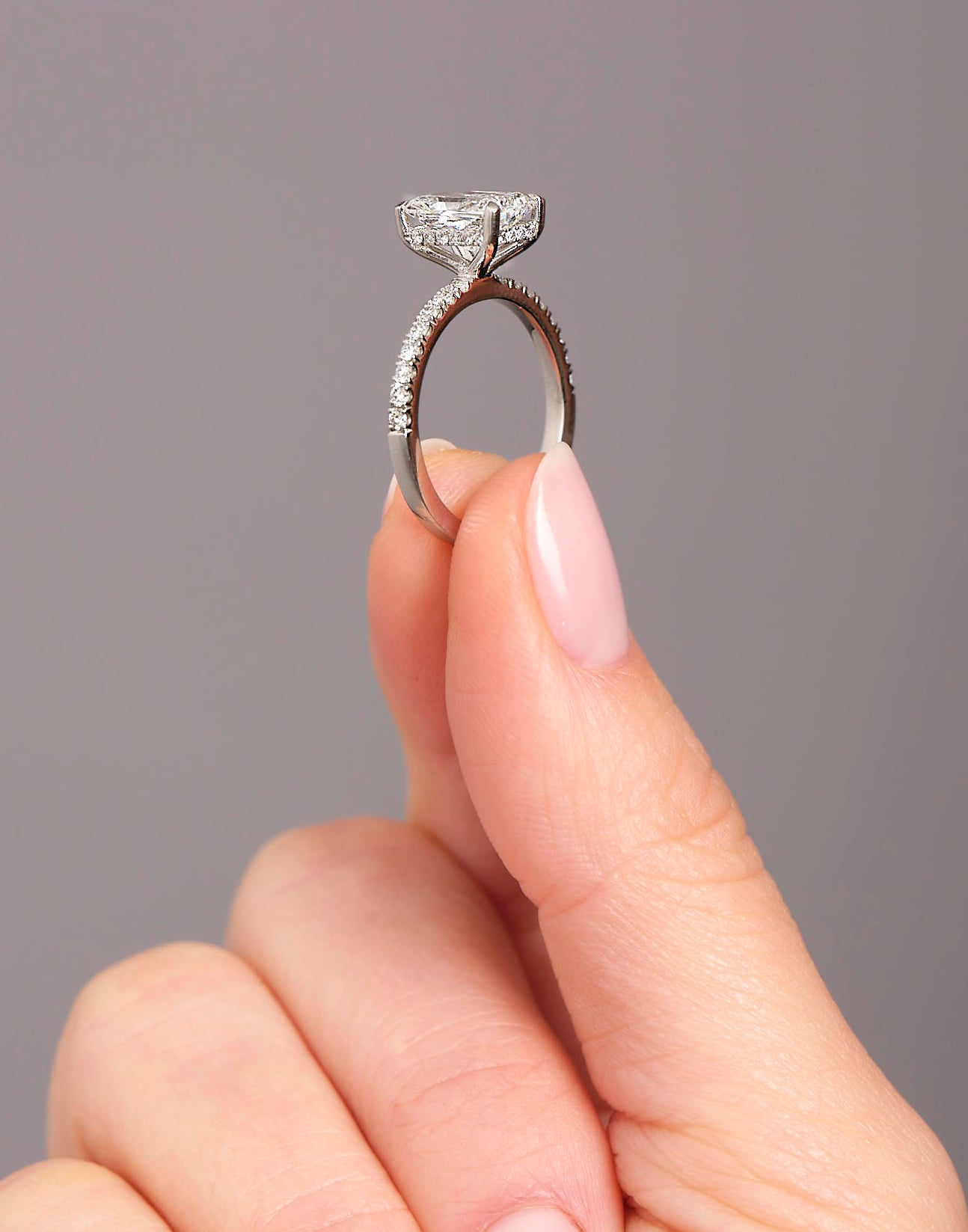 2ct Radiant Hidden Halo lab grown Diamond Engagement Rings.