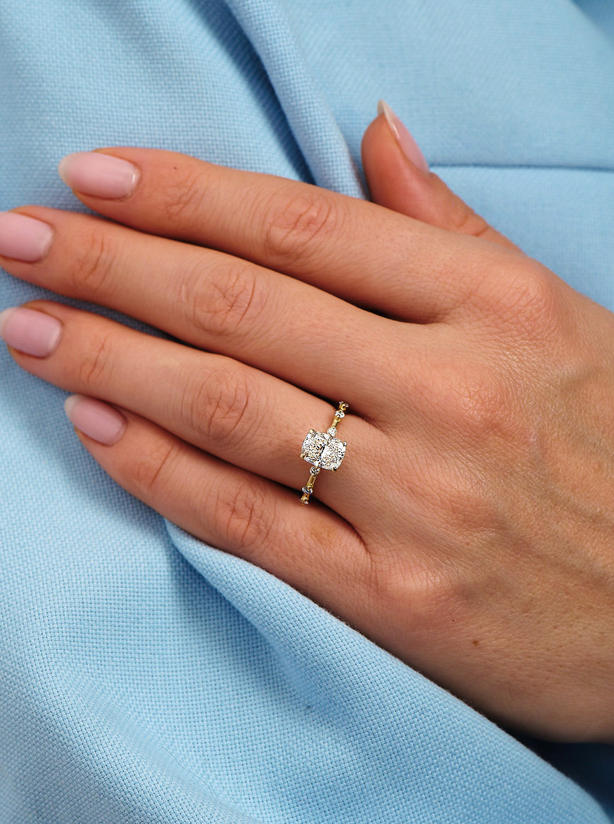 Elongated Cushion Bubble lab grown diamond engagement rings