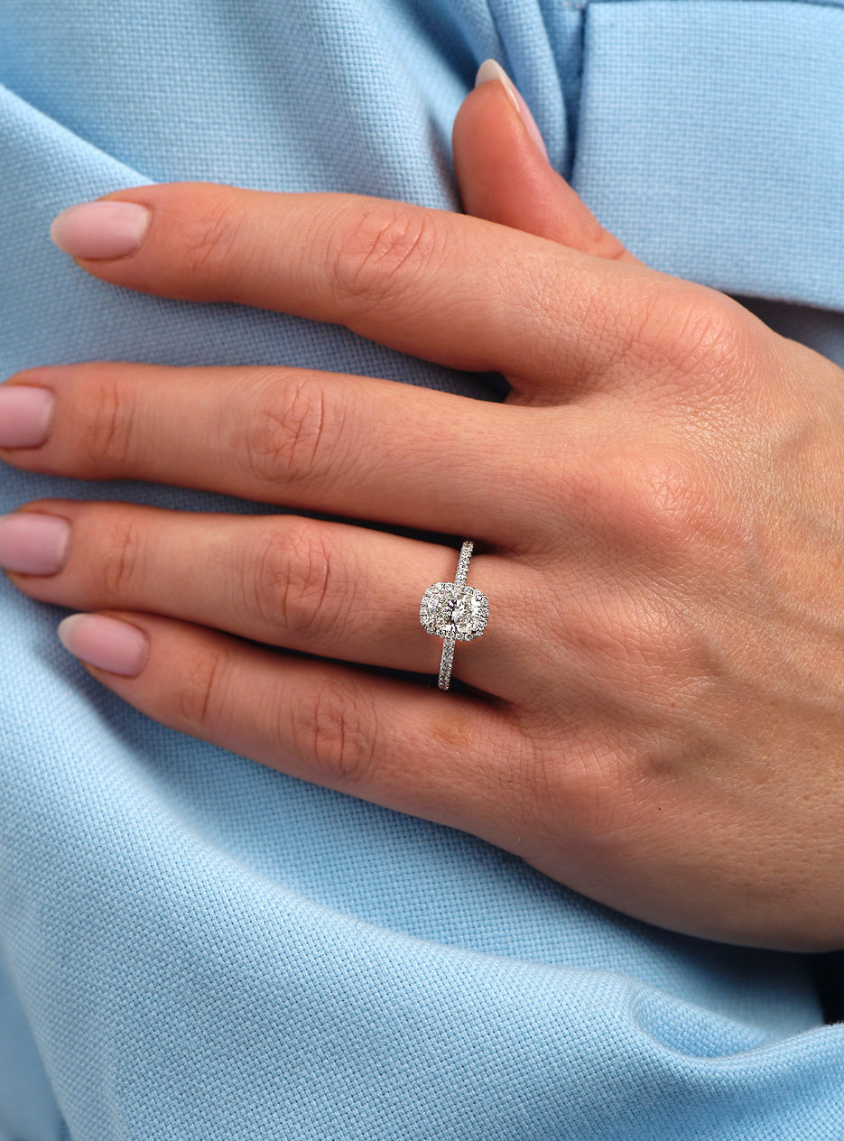1ct Elongated Cushion Halo Lab Grown Diamond Engagement Rings.