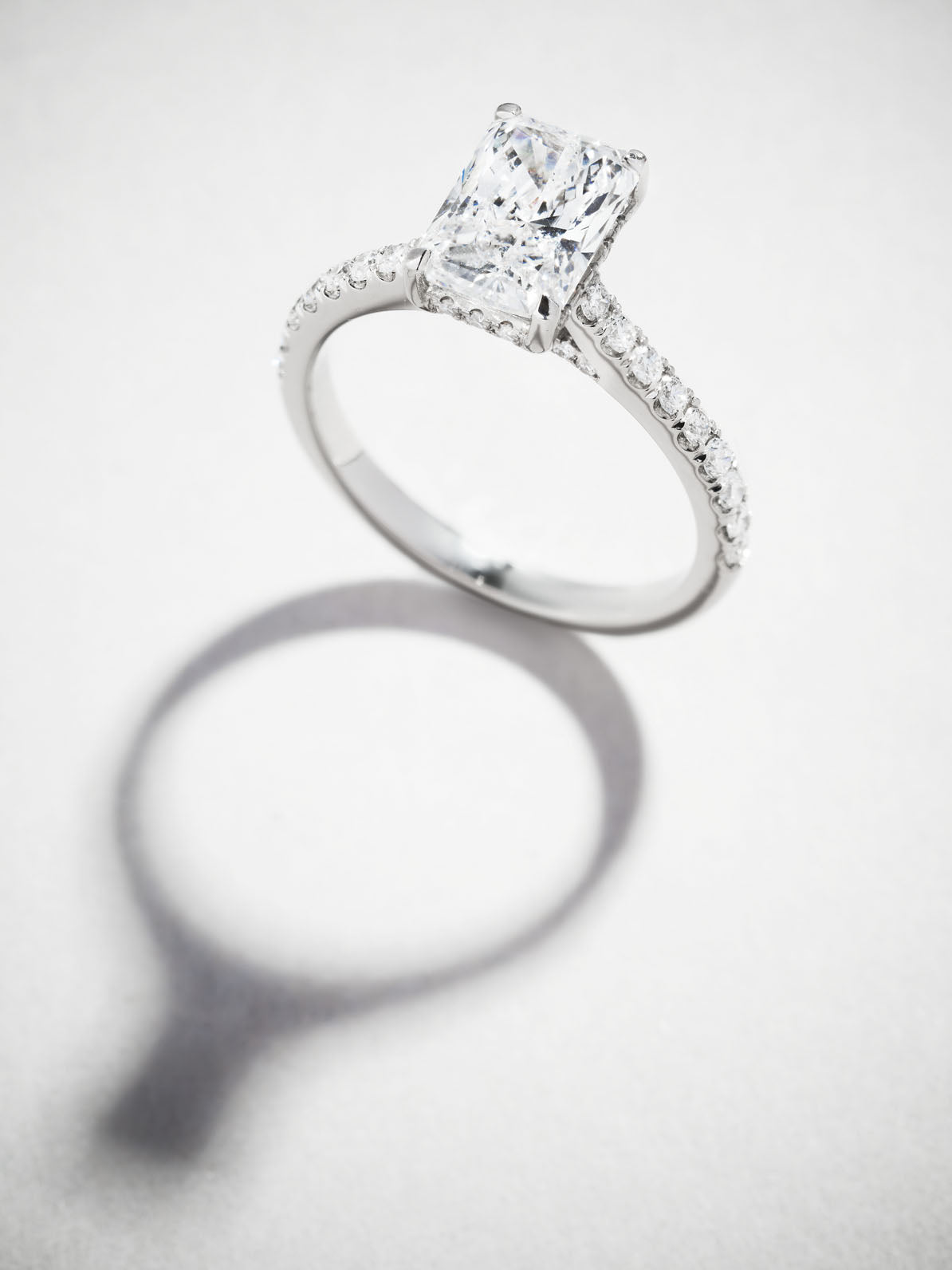 2ct Radiant Cathedral Hidden Halo lab grown Diamond Engagement Rings.