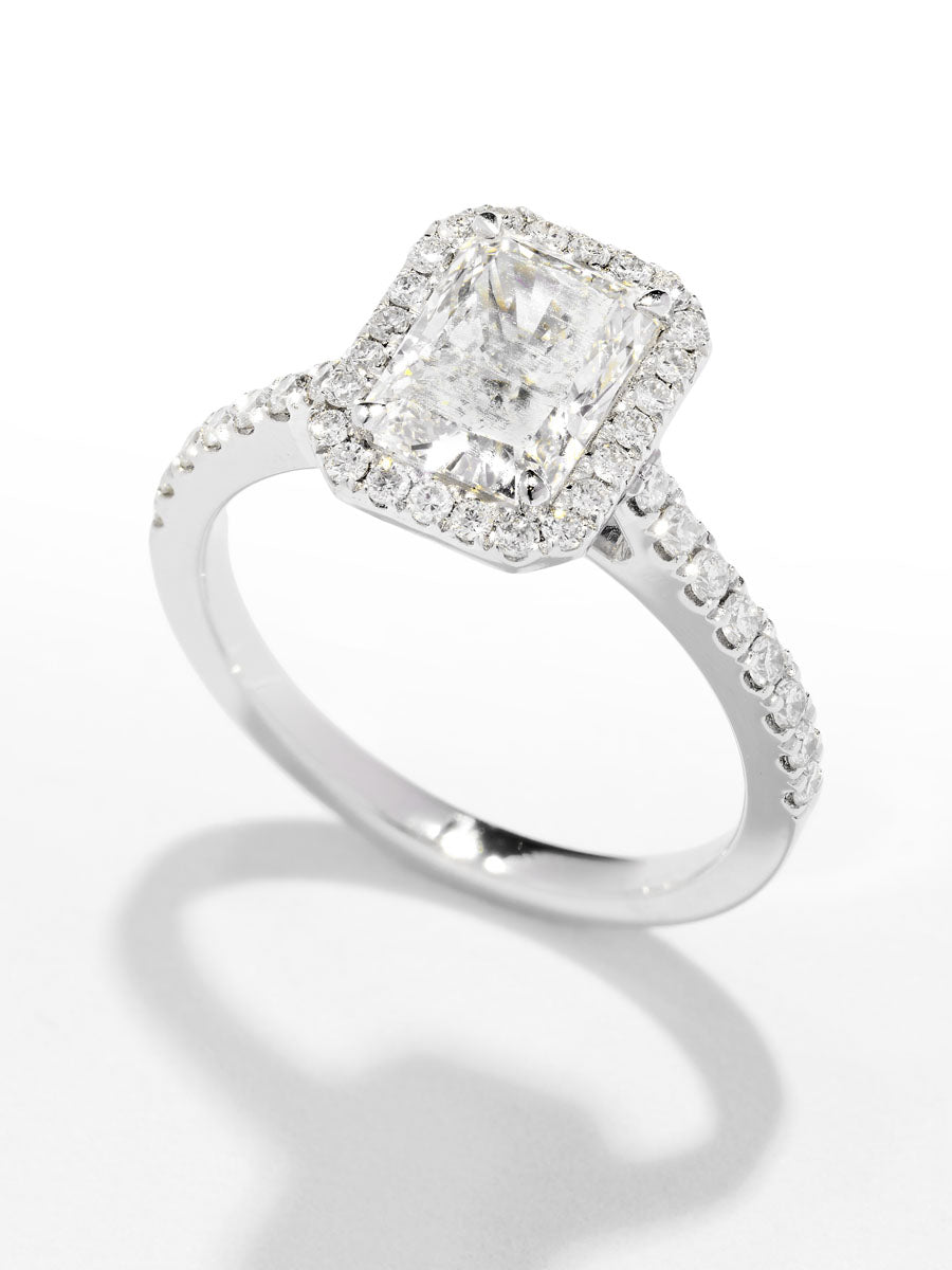 1.50ct Radiant Seamless Halo lab grown Diamond Engagement Rings.