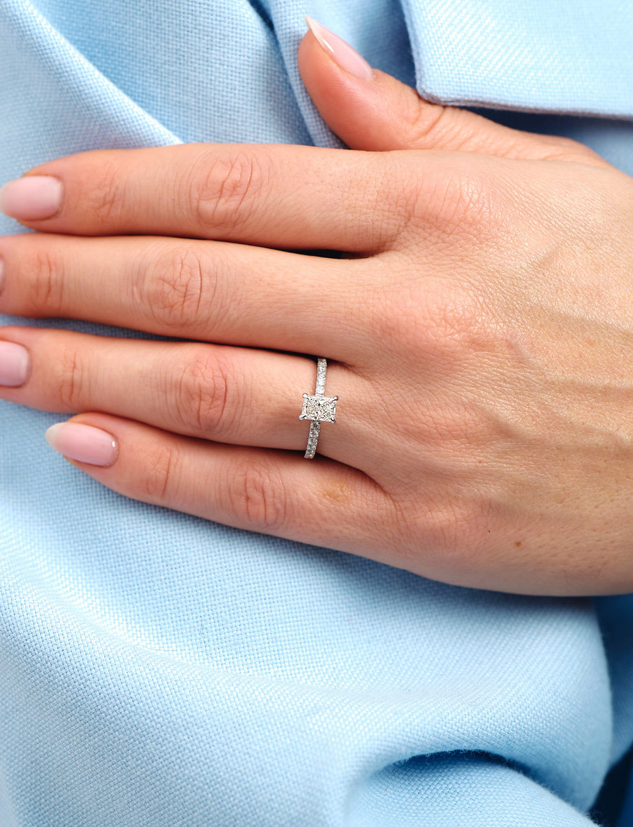 0.70ct Radiant Hidden Halo lab grown Diamond Engagement Rings.