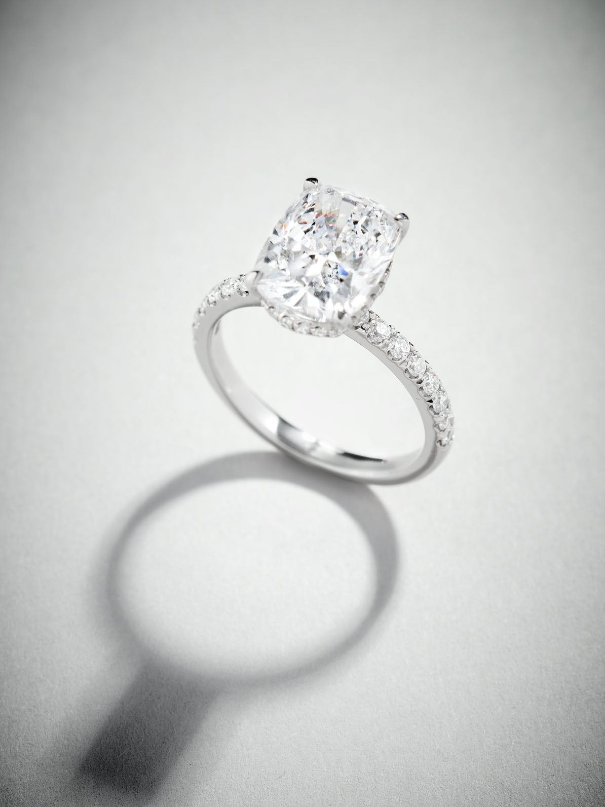 3.80ct Elongated Cushion Hidden Halo Lab Grown Diamond Engagement Rings.