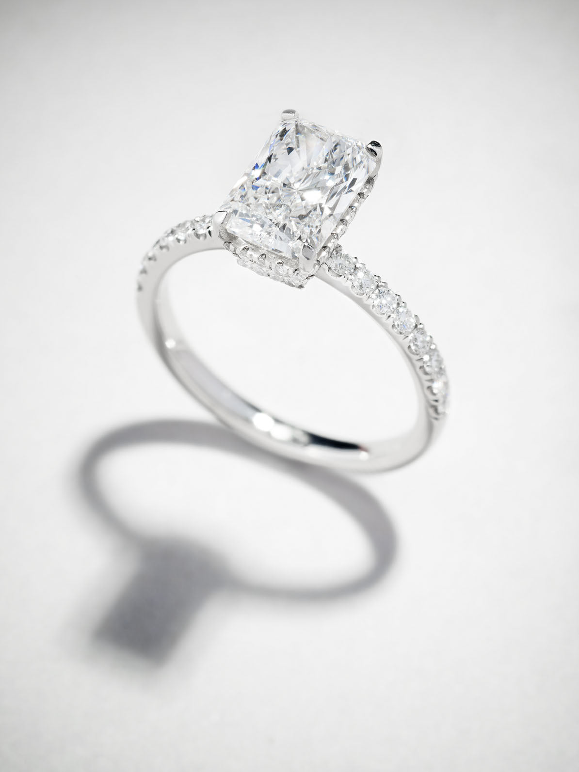 2ct Radiant Twin Hidden Halo lab grown Diamond Engagement Rings.