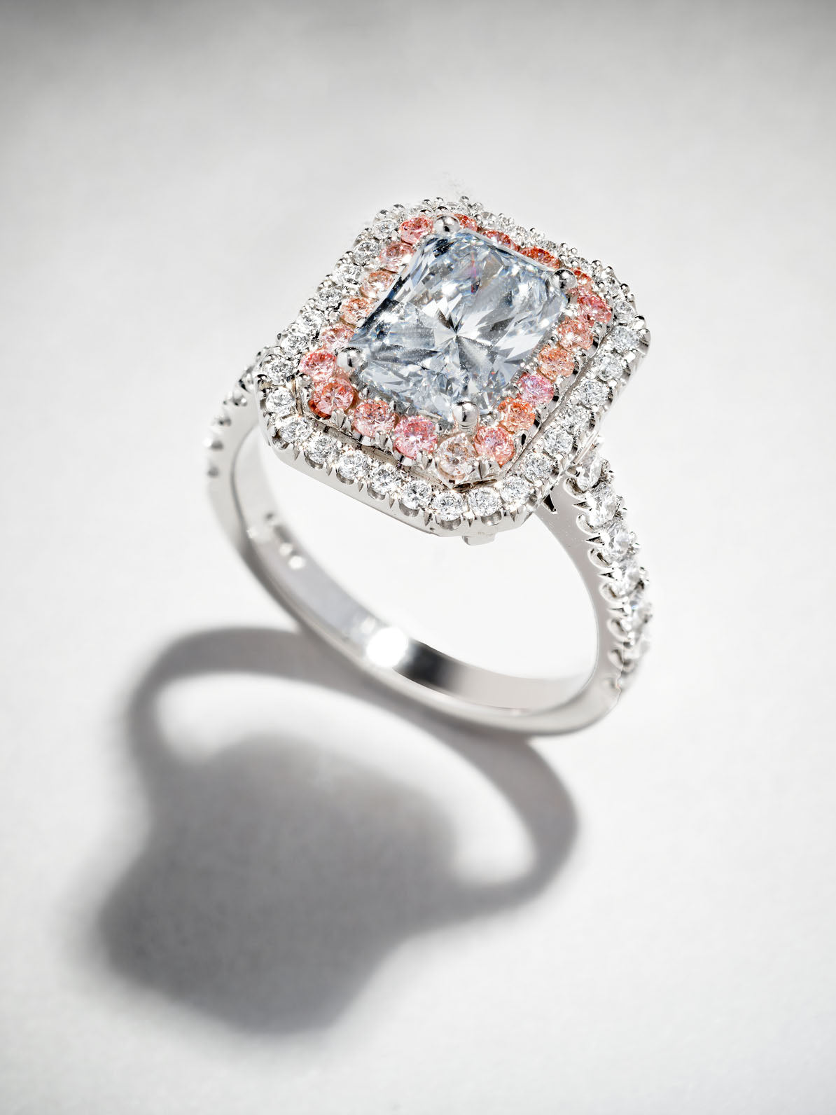 2ct Blue Radiant Seamless Double Halo Diamond Engagement Rings.