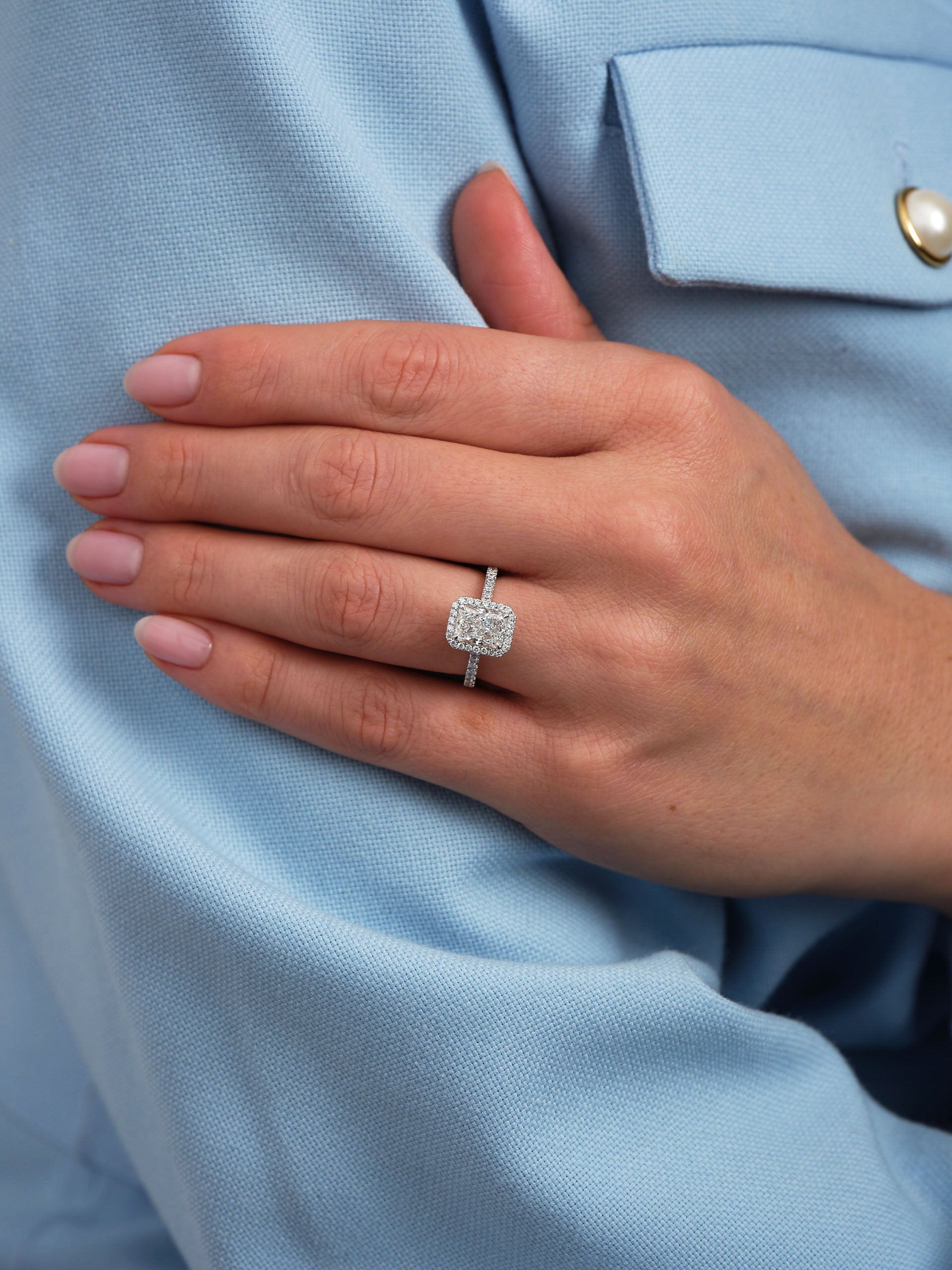 1.50ct Radiant Seamless Halo lab grown Diamond Engagement Rings.