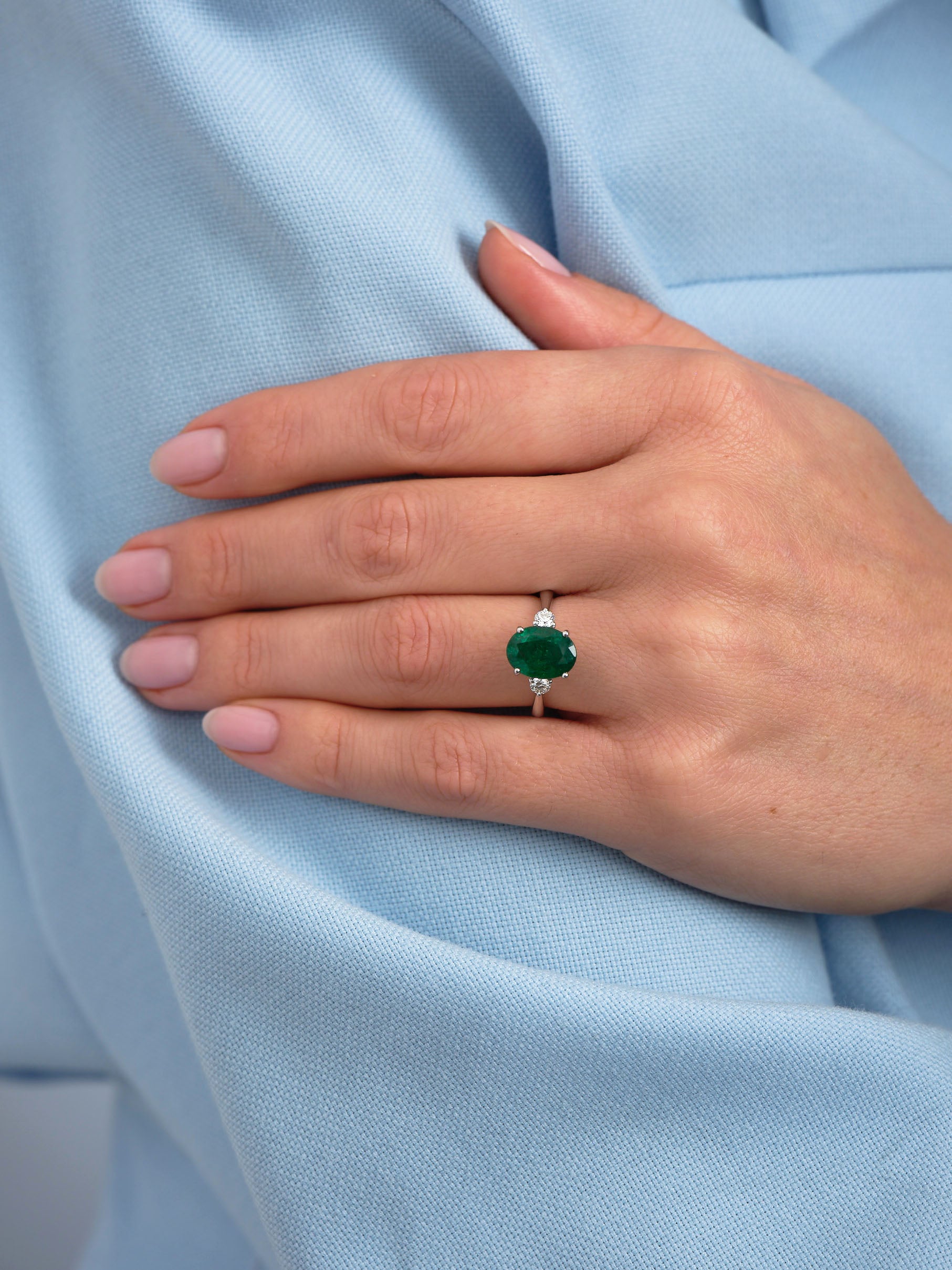 3ct Emerald Oval Trilogy Lab Grown Diamond Engagement Rings.